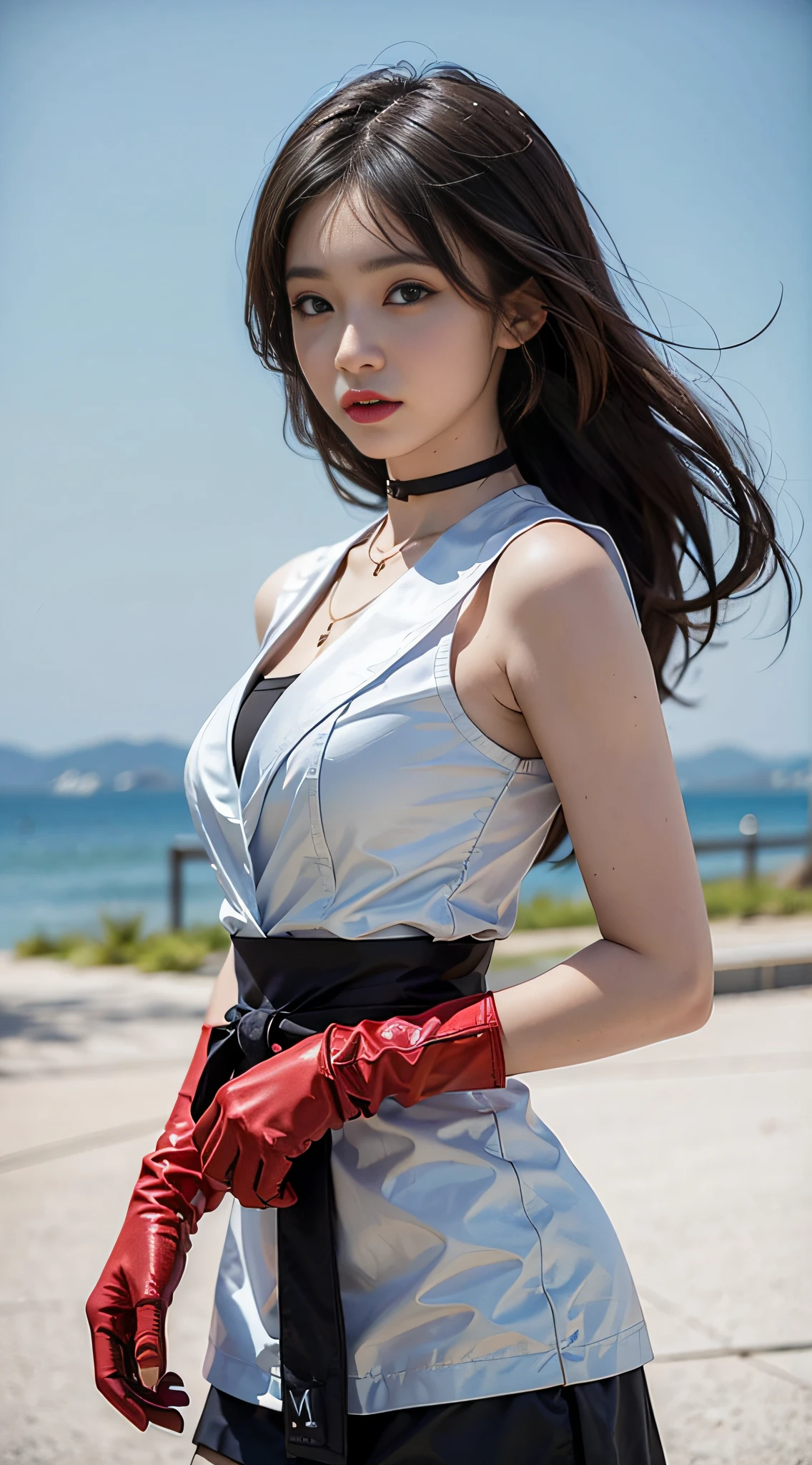 ((masterpiece:1.4)、(top-quality:1.4)、(reallistic:1.7))、masuter piece:1.4、Sexy women's combat suits that stick to the body、It is a sleeveless sailor suit design with cool blue design on white background.、Sexy super mini skirt in bright fat color integrated with jacket、Wear red gloves、Kawaii Girl、Super beauty、foco nítido、Portrait photos、Upper body photography、beautiful countenance、beautidful eyes、Narrow waist、poneyTail、Raw photo、red-lips、a choker:1.4、a necklace:1.4、耳Nipple Ring:1.4、1 screen display、Outdoor landscape