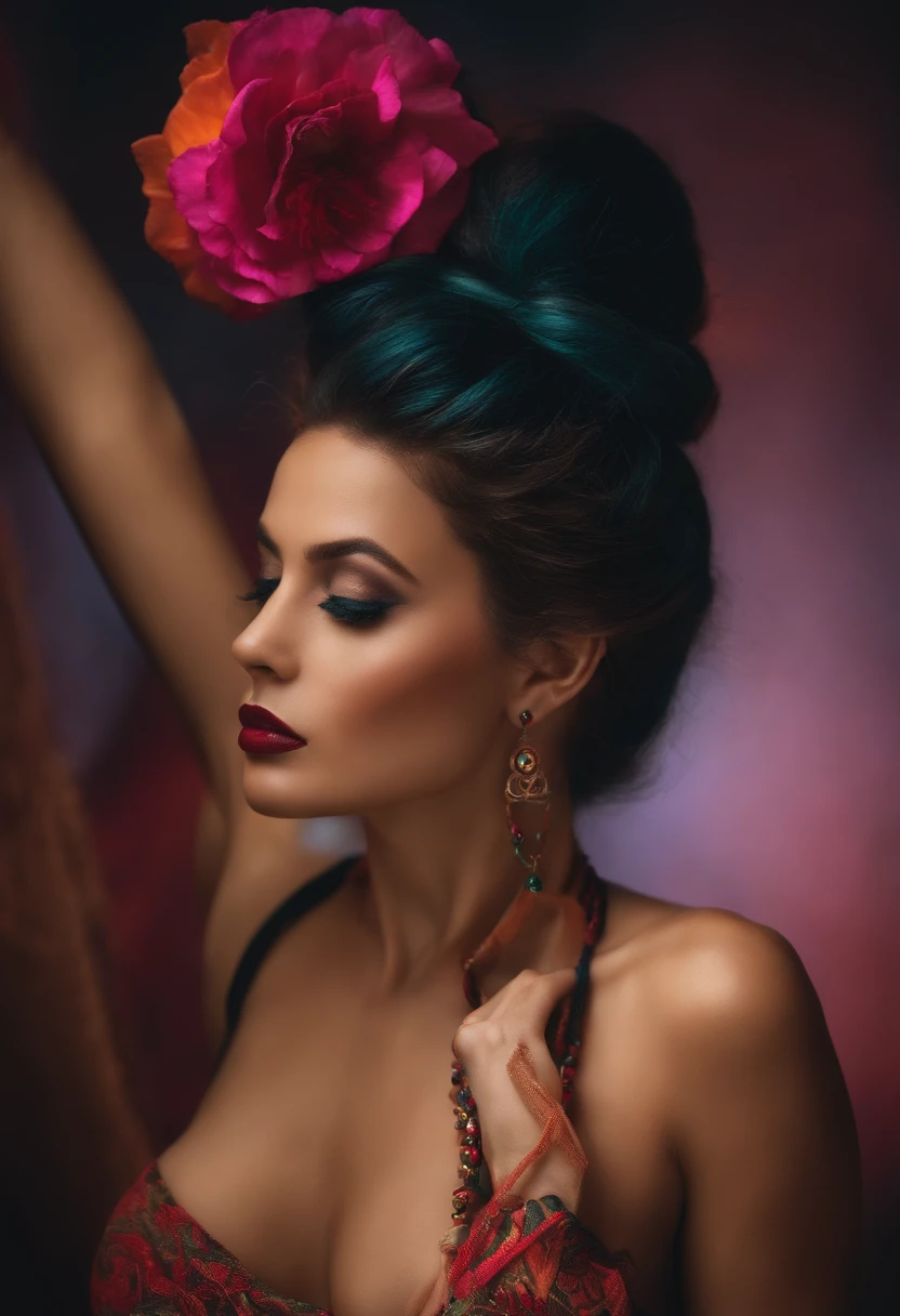 A woman with pierced nipples is tied