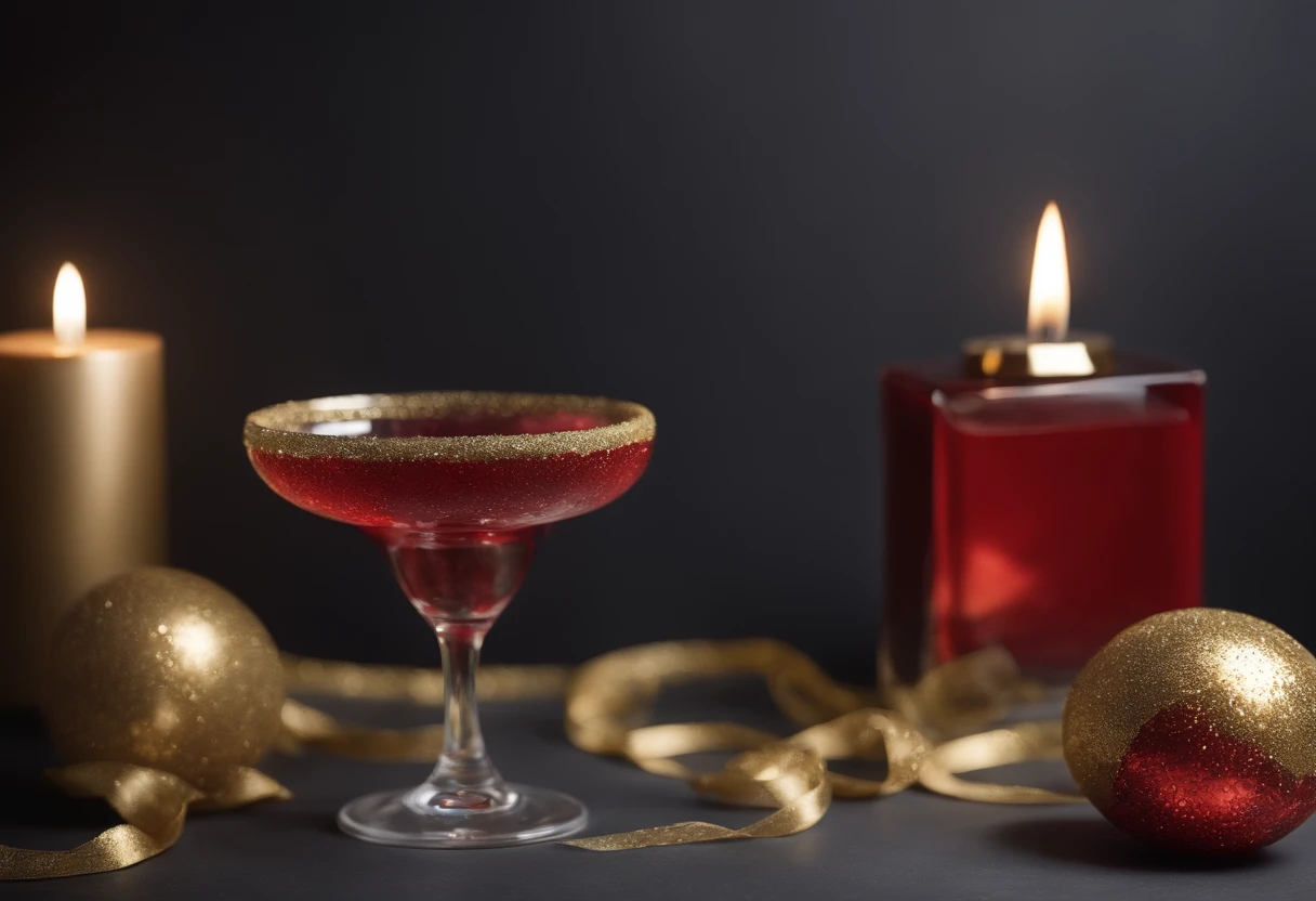 spot de aniversario con fondo negro, perfume dorado sobre mesa de vidrio rodeada de mucha serpentina y confeti rojo, Gold and Glitter for product photography in photo studio without light and red balloons for celebration with panoramic perspective