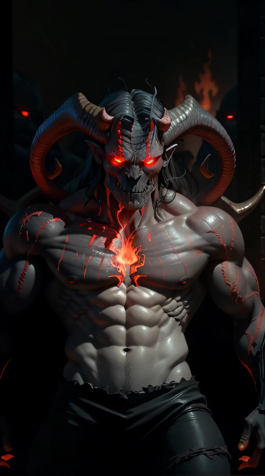 Full body shot of a demon with mixed color skin, Facial features, immaculate detail, concept-art, Human mouth, Gray and red skin, Gray skin mixed with red, Red skin, Normal features, Good face, Skeleton nose, Missing nose, Voldemort nose, normal anatomy, Good chin, Gray and red corners, Curved horn, 4 horns, 2 sets of horns, Glowing veins on the trunk, Flame theme in background, Balrog face, demon, Like Hellboy but dark gray, Fire-orange eyes, Skull face,doom demon, Faded image, focused expression, Long face,Facial magma,Zoom in on a close-up of your face,8K