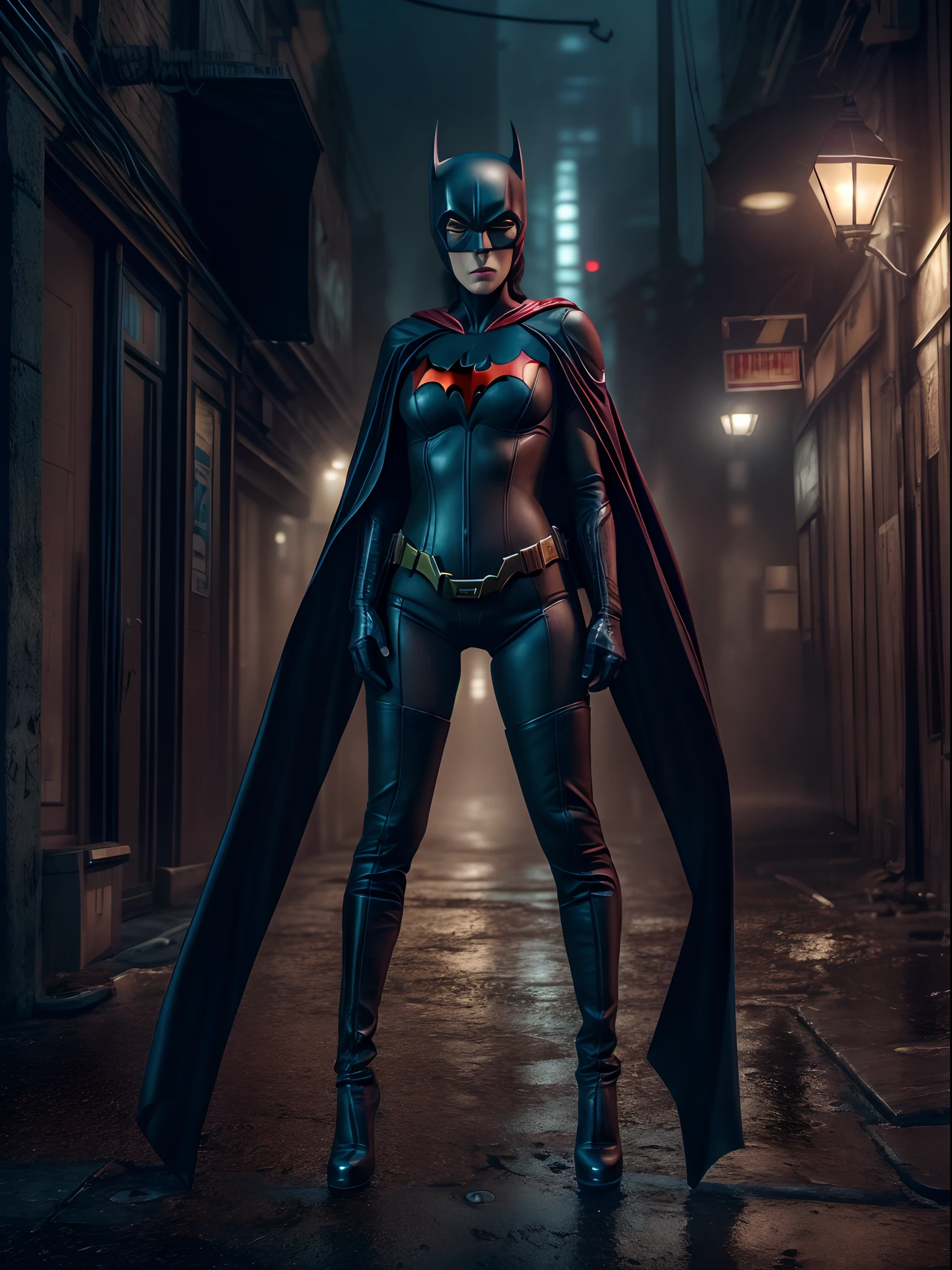 Dominatrix cyber Batwoman wearing a skin-tight uniform with a black cape in a dark and sinister narrow alley under a dim street light, (cyberpunk style), Evangelion style, mecha, (sensual pose with her hands on her waist), (rainy night with fog), Batgirl, bodysuit, toned body, wide hips, Allan Moore, DC Comics, gothic setting, Gottam City, photorealistic, 8k, realistic shadows