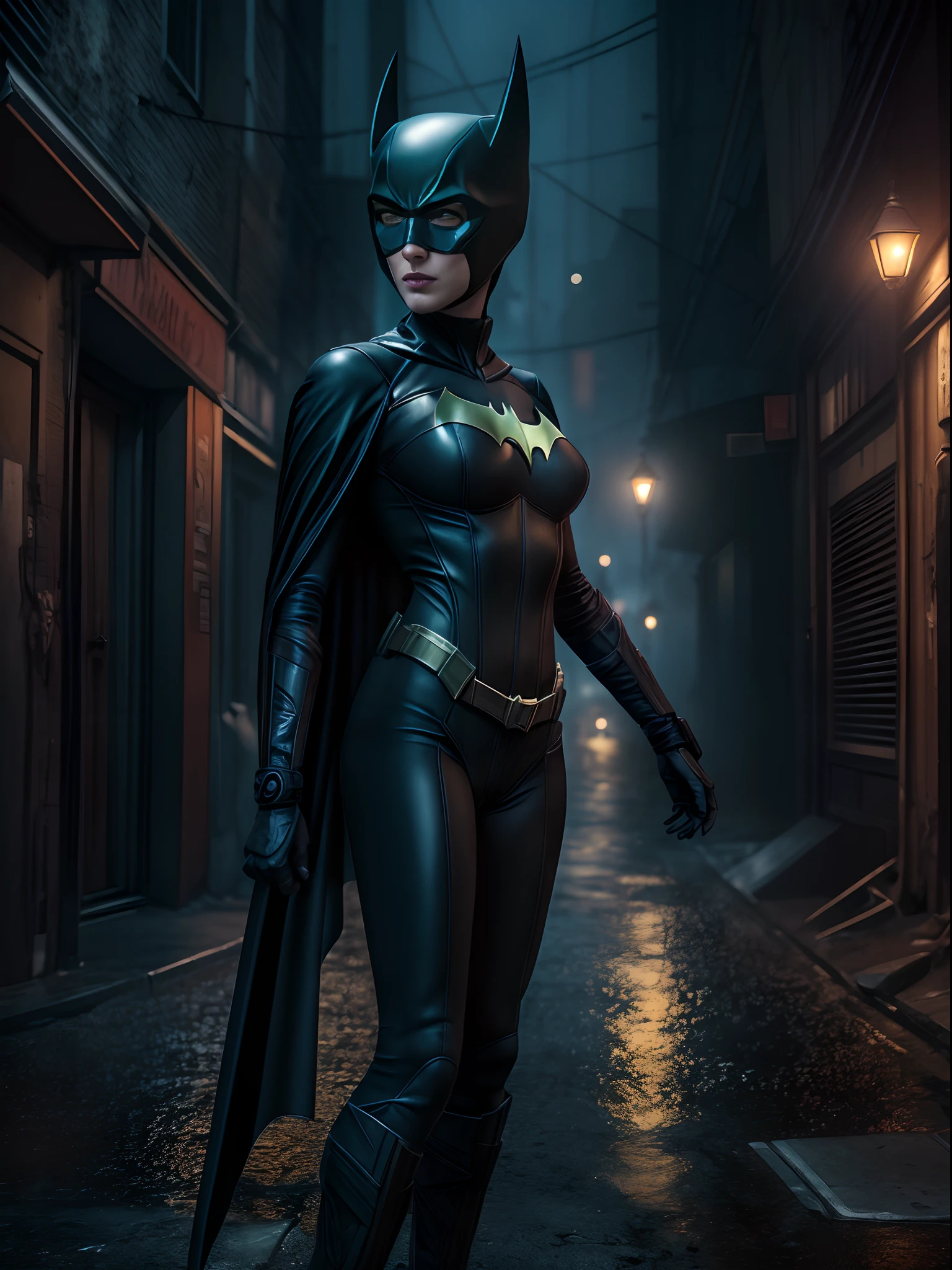 Dominatrix cyber Batwoman wearing a skin-tight uniform with a black cape in a dark and sinister narrow alley under a dim street light, (cyberpunk style), Evangelion style, mecha, (sensual pose with her hands on her waist), (rainy night with fog), Batgirl, bodysuit, toned body, wide hips, Allan Moore, DC Comics, gothic setting, Gottam City, photorealistic, 8k, realistic shadows