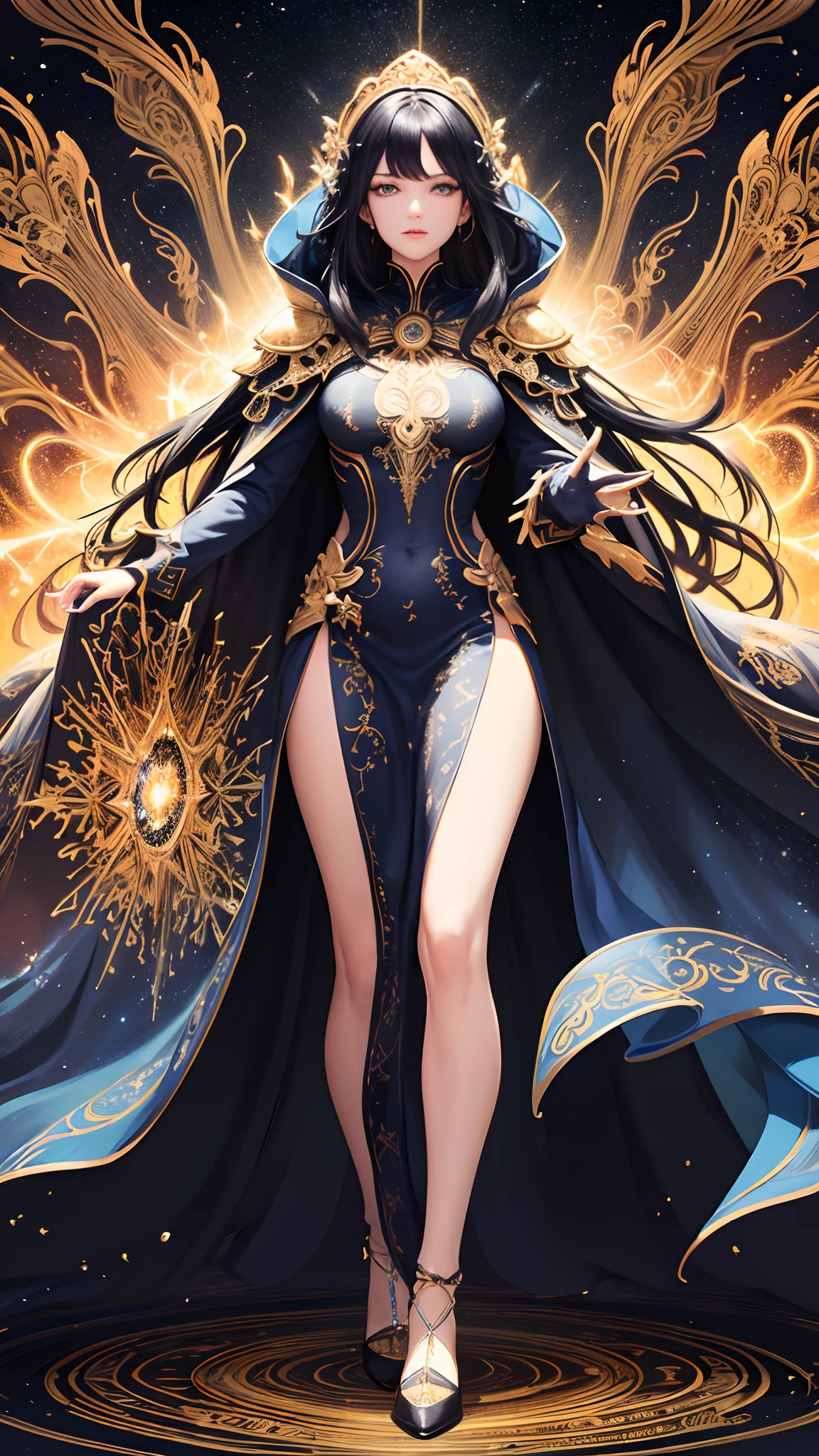 (masterpiece, top quality, best quality, official art, beautiful and aesthetic:1.2), (1 beautiful woman), long black hair, extreme detailed, (fractal art:1.3), colorful, highest detailed, perfect face, perfect eyes, full body, perfect body, HDR, (light blue cloak golden lines:1.2), galaxy, (light streaks), striking visuals, (dynamic streaks, luminous trails:1.2), vibrant colors, sun, strong wind, clouds