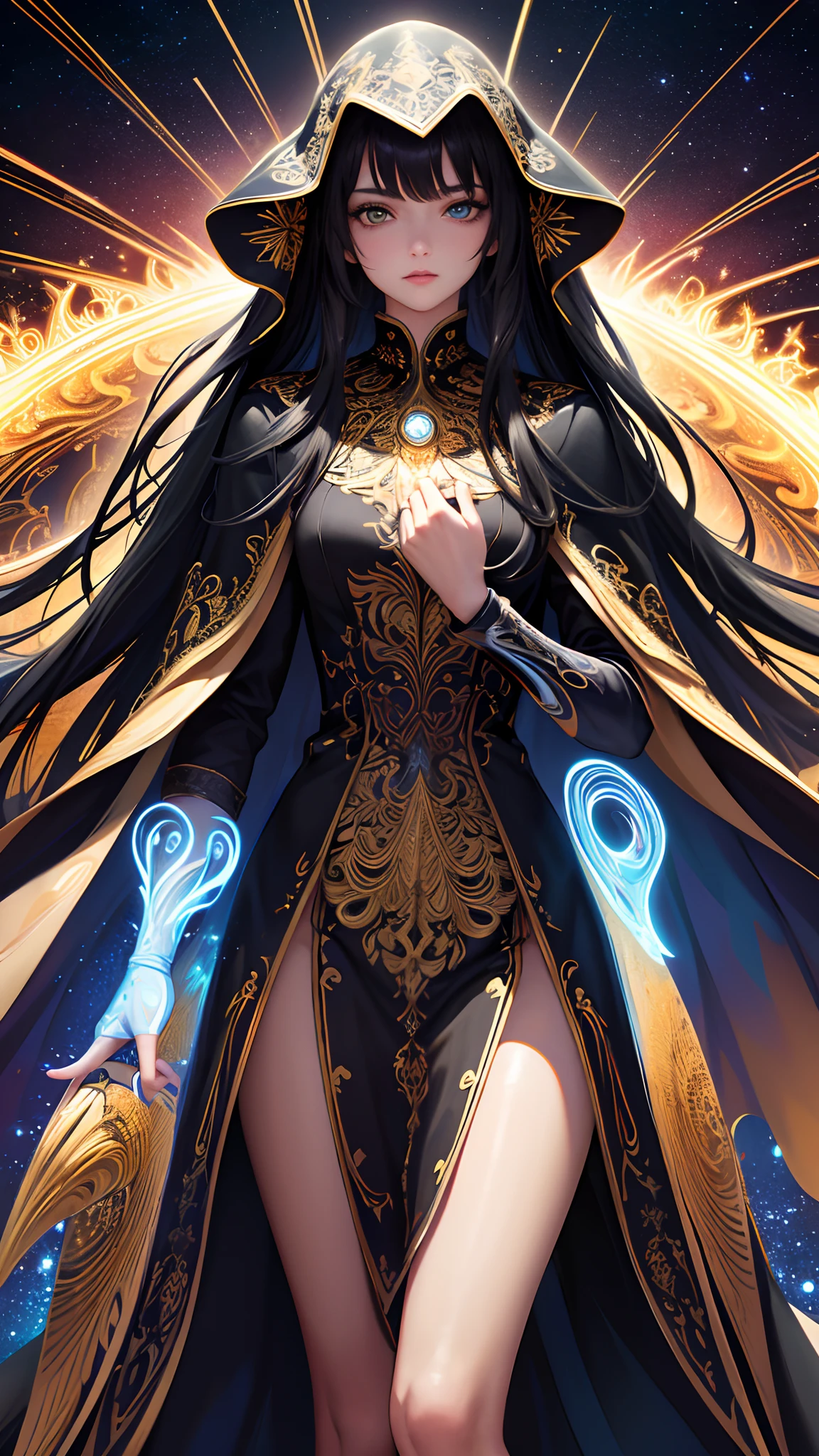 (masterpiece, top quality, best quality, official art, beautiful and aesthetic:1.2), (1 beautiful woman), long black hair, extreme detailed, (fractal art:1.3), colorful, highest detailed, perfect face, perfect eyes, full body, perfect body, HDR, (light blue cloak golden lines:1.2), galaxy, (light streaks), striking visuals, (dynamic streaks, luminous trails:1.2), vibrant colors, sun, strong wind, clouds
