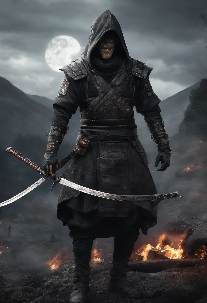 Masterpiece, premier quality, Ultra-detailed, realistic style 8k under CG unit, un ninja avec des cheveux long noir et un katana, in the middle of a village in black flames, profondeur des champs, above a mountain of corpses, accroupis, pleine lune.