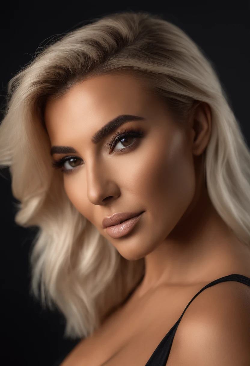 blonde hair, white woman in black bra top posing for a photo in a studio, Blonde and attractive features, Kim Kardashian, photo realistic 8k photo, looking at camera