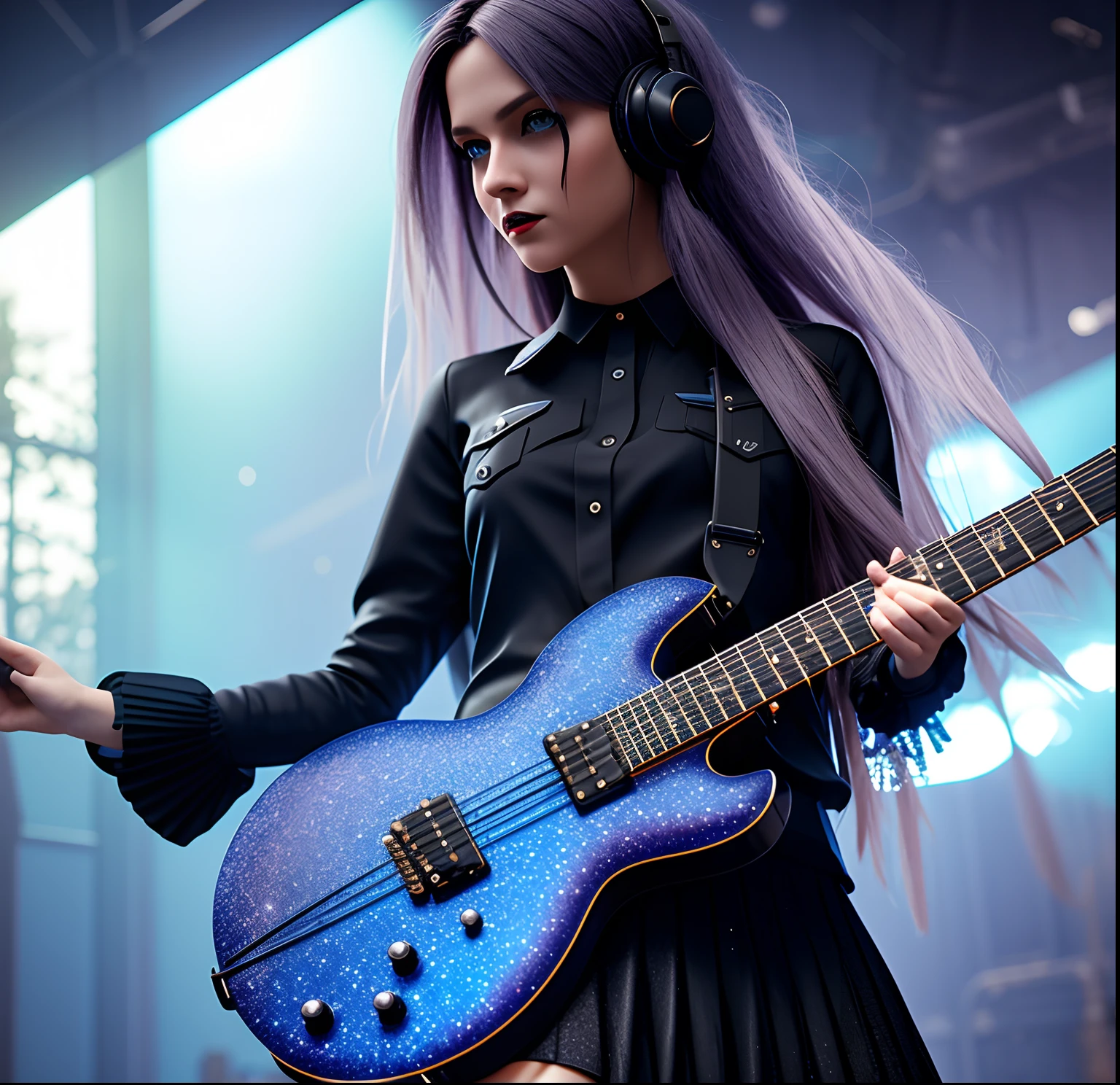 ((1girl)), ((cinematic light)), colorful, hyper detail, dramatic light, intricate details, best quality, (CG unity 8k wallpaper extremely detailed, masterpiece, best quality, ultra-detailed, best shadow), (detailed background: 1.4), (beautiful detailed face, beautiful detailed eyes), High contrast, (best lighting, an extremely delicate and beautiful), (girl: 1.5), solo, goth skirt, blue eyes, electric guitar, guitar, headphones, instrument, long hair, music, from side up, play guitar, pleated skirt, black shirt, interior ((caustic)), dynamic angle, beautiful detailed glow, whole body,