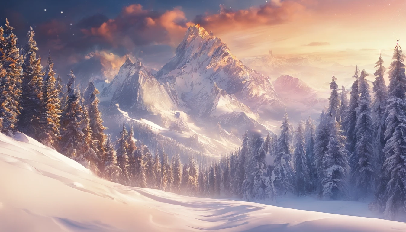 snow mountains,Rolling peaks,Oyuki,Cloudy at the foot of the mountain,Thick clouds,the setting sun,The light is depicted in detail,oc rendered,high qulity,tmasterpiece,Hyper-realistic,Ultra photo realsisim,8K,super-fine,ultra - detailed,Ultra-wide angle of view,dynamic viewing angle