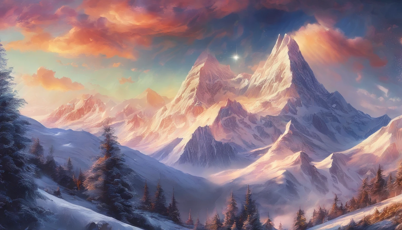 snow mountains,Rolling peaks,Oyuki,Cloudy at the foot of the mountain,Thick clouds,the setting sun,The light is depicted in detail,oc rendered,high qulity,tmasterpiece,Hyper-realistic,Ultra photo realsisim,8K,super-fine,ultra - detailed,Ultra-wide angle of view,dynamic viewing angle
