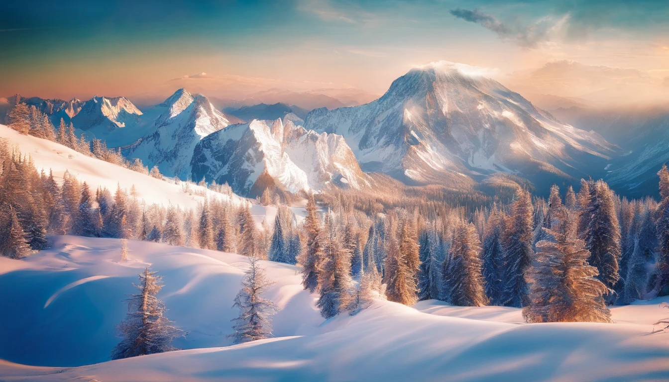 snow mountains,Rolling peaks,Oyuki,Cloudy at the foot of the mountain,Thick clouds,the setting sun,The light is depicted in detail,oc rendered,high qulity,tmasterpiece,Hyper-realistic,Ultra photo realsisim,8K,super-fine,ultra - detailed,Ultra-wide angle of view,dynamic viewing angle