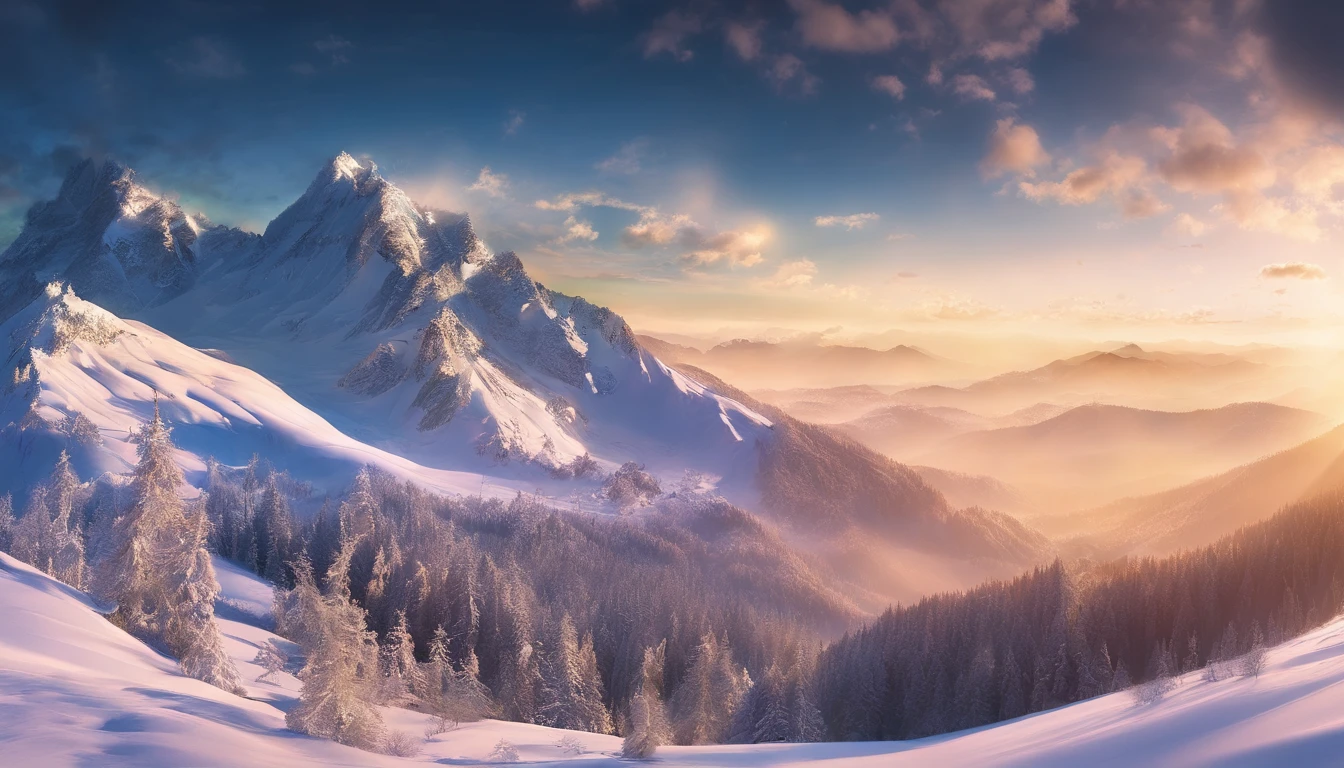 snow mountains,Rolling peaks,Oyuki,Cloudy at the foot of the mountain,Thick clouds,the setting sun,The light is depicted in detail,oc rendered,high qulity,tmasterpiece,Hyper-realistic,Ultra photo realsisim,8K,super-fine,ultra - detailed,Ultra-wide angle of view,dynamic viewing angle