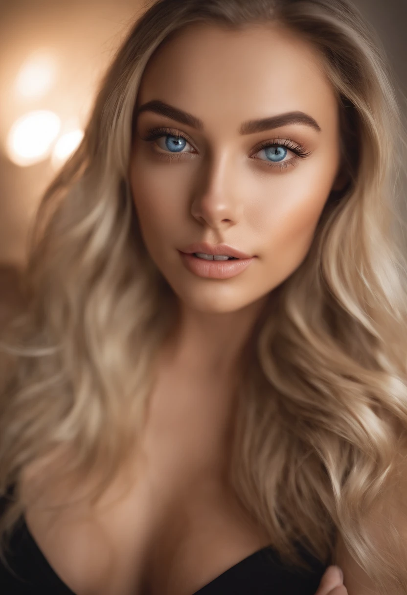 arafed woman fully , sexy girl with blue eyes, ultra realistic, meticulously detailed, portrait sophie mudd, blonde hair and large eyes, selfie of a young woman, bedroom eyes, violet myers, without makeup, natural makeup, looking directly at the camera, face with artgram, subtle makeup, stunning full body shot kneeling on bed, in bedroom, large size bust