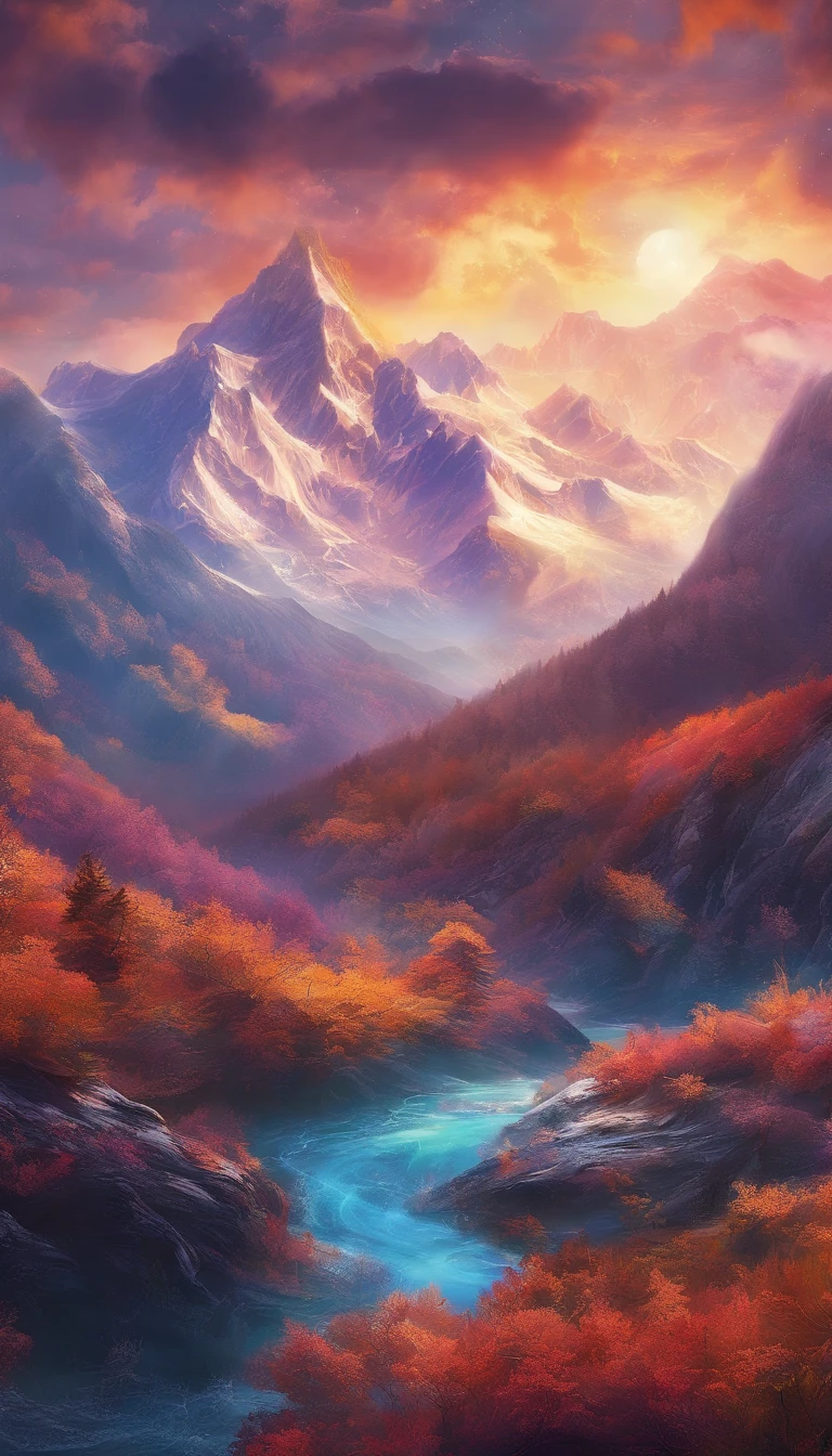 snow mountains,Rolling peaks,Oyuki,Cloudy at the foot of the mountain,Thick clouds,the setting sun,The light is depicted in detail,oc rendered,high qulity,tmasterpiece,Hyper-realistic,Ultra photo realsisim,8K,super-fine,ultra - detailed,Ultra-wide angle of view,dynamic viewing angle