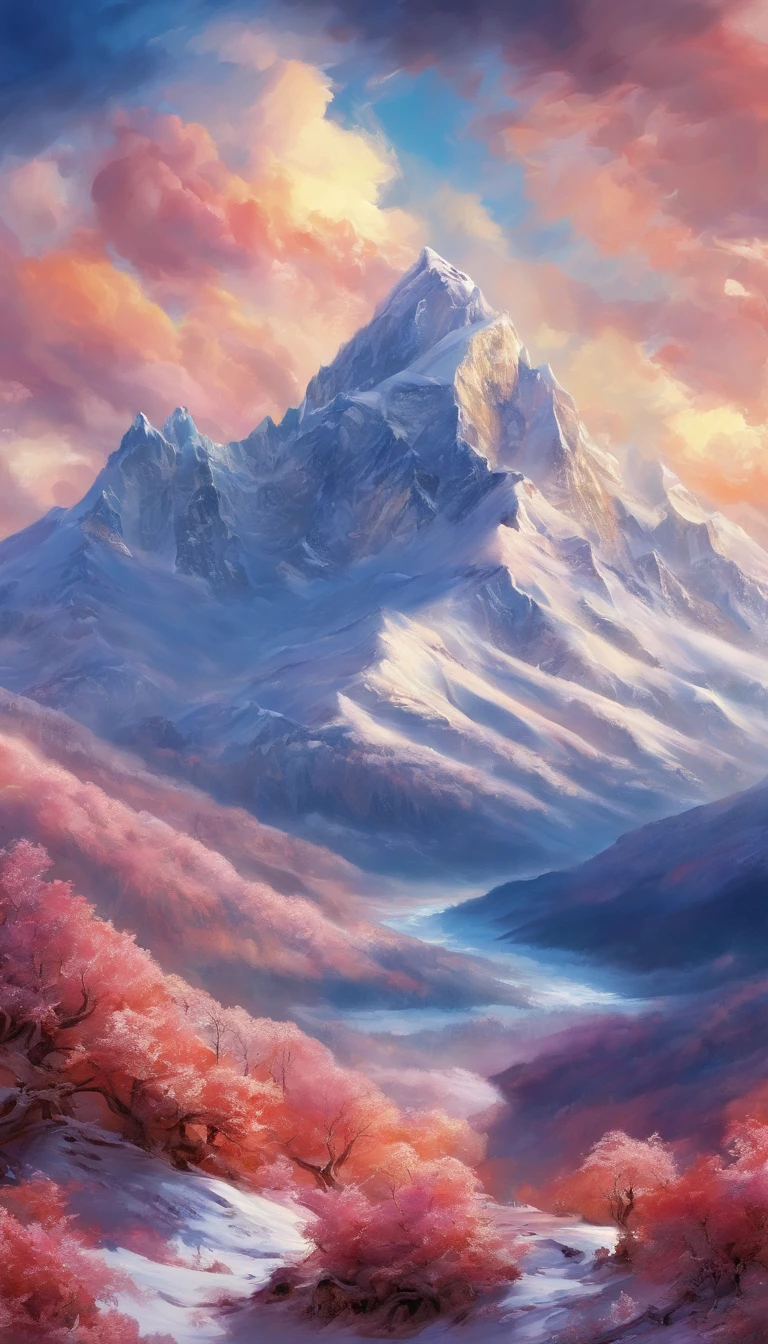 snow mountains,Rolling peaks,Oyuki,Cloudy at the foot of the mountain,Thick clouds,the setting sun,The light is depicted in detail,oc rendered,high qulity,tmasterpiece,Hyper-realistic,Ultra photo realsisim,8K,super-fine,ultra - detailed,Ultra-wide angle of view,dynamic viewing angle