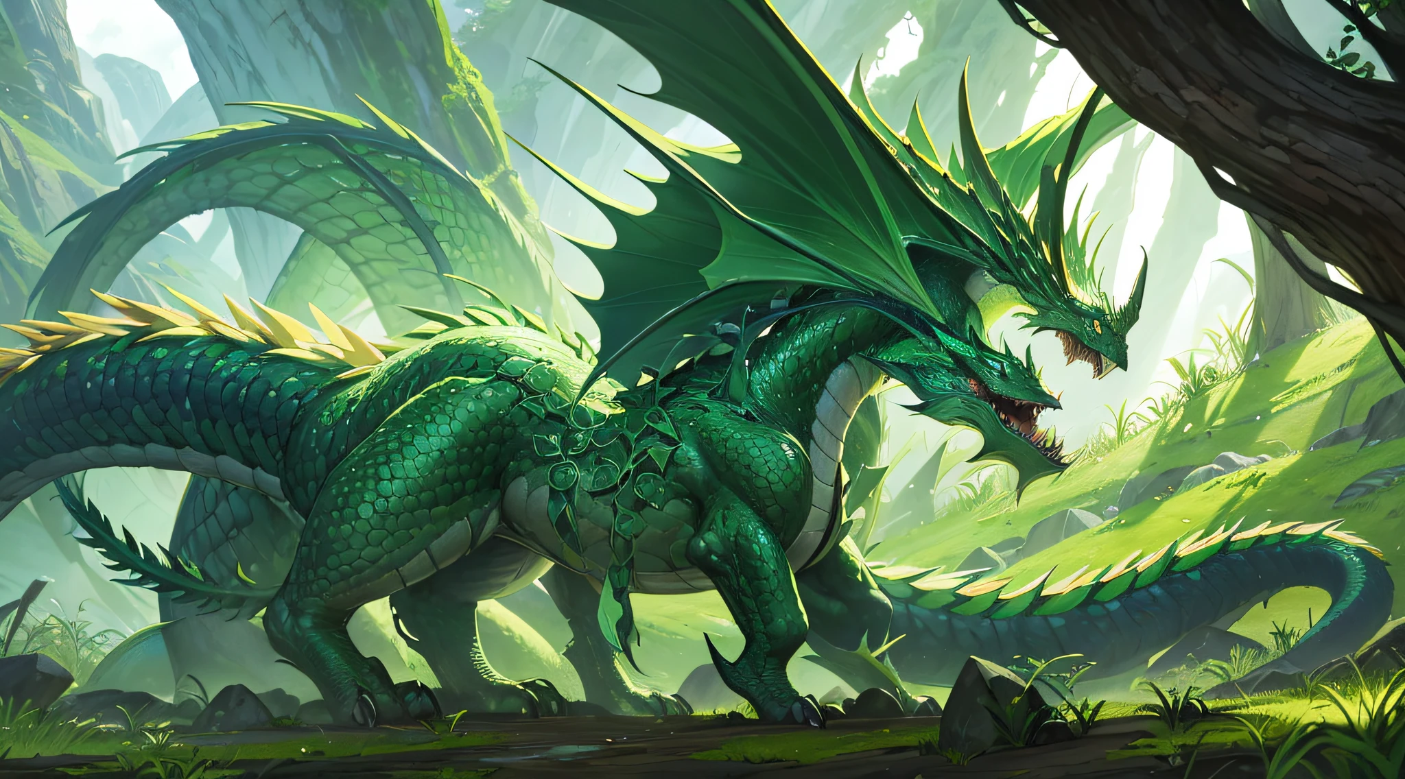Emerald Scale Dragon
The Emerald Scale Dragon is a magnificent creature that blends harmoniously with nature. Its skin is covered with shiny emerald green scales, that seem to reflect sunlight. Its wings are wide and delicate, reminiscent of tree leaves in summer, with a wingspan of up to 25 meters.

Its head is decorated with thin, curved horns, et ses yeux scintillent d'un vert vif et apaisant. The jaws of the Emerald Scale Dragon are filled with sharp teeth, mais il est principalement herbivore, se nourrissant de plantes et de fruits. Its tail ends in a tapered tip, which can be used to dig burrows in the green hills where it lives.

This dragon has a unique power : It can control the growth of plants around it. En un instant, It can grow a dense forest or lush meadow for camouflage or feeding.. He is also able to heal the wounds of animals and human beings using his soothing breath..

The Emerald Tortoiseshell Dragon is renowned for its wisdom and kindness to those who respect nature. It is the guardian of fragile ecosystems and plays a crucial role in the ecological balance of its habitat.. Legends say that those who find favor in his eyes are blessed with immeasurable luck..