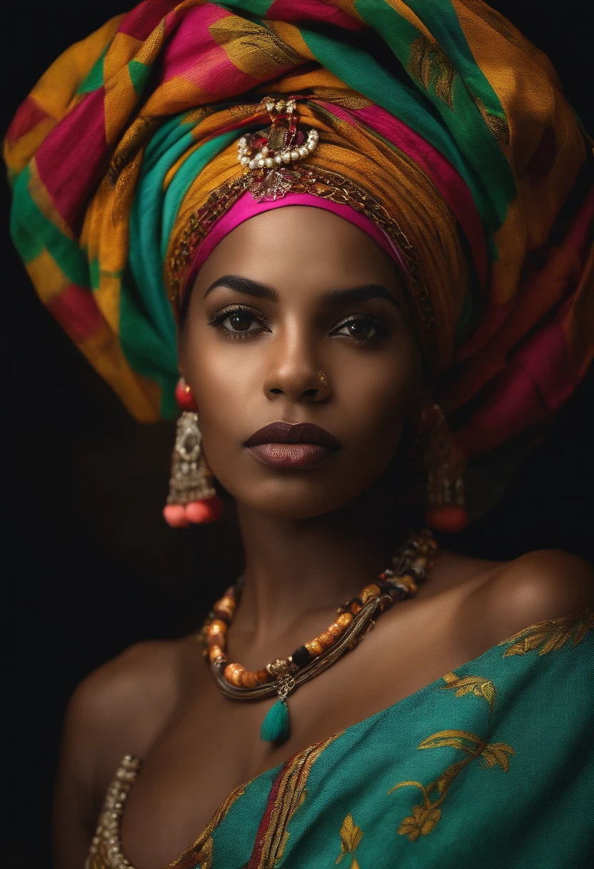 Retrato de uma jovem mulher negra da etnia quilombola do Brasil, dramatic look, with necklaces and colorful turban on the head, hiper-detalhado, detalhes, Hyper-Resolution.