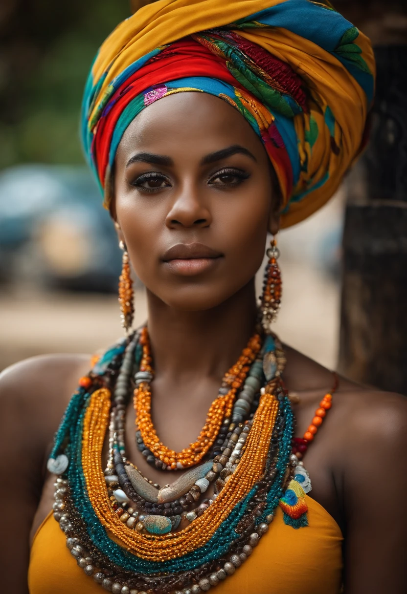 Retrato de uma jovem mulher negra da etnia quilombola do Brasil, dramatic look, with necklaces and colorful turban on the head, hiper-detalhado, detalhes, Hyper-Resolution.