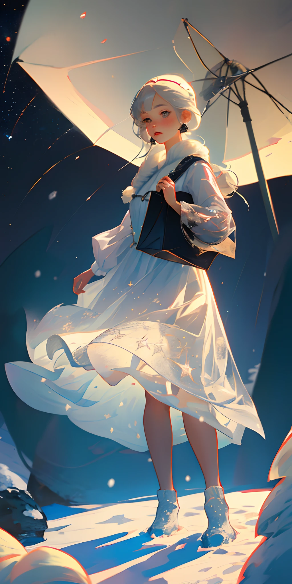 silver-haired girl,white dresses,Holding a jar of stars,Snow-white nine-tailed fox,starrysky