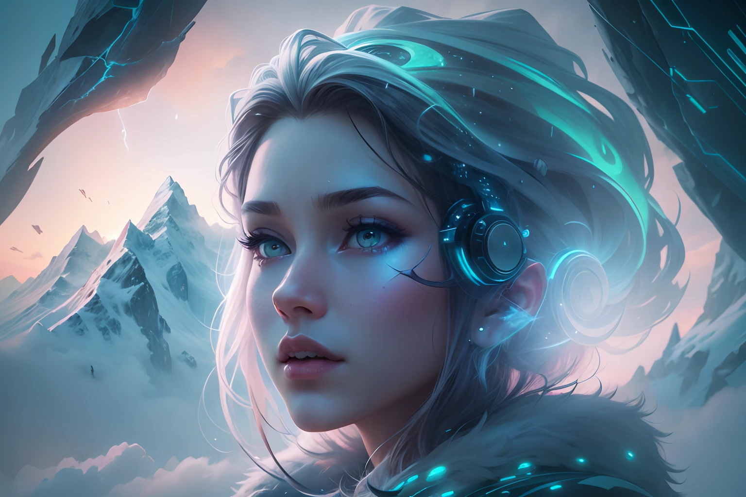 ModelShoot style, (Extremely detailed Cg Unity 8K wallpaper),cyber punk perssonage [Snowy mountain landscape with fog，snow mountains] ，Immerse yourself in the beautiful aurora，Live in the clouds of the starry sky，Behind the clouds，（multiple exposure：1.8），(Transparent ethereal girl face blends with aurora，Overlay with snowy mountains)，Multiple elements blend the image，photography of：Brandon Woelfelmist，Surreal dreams，Gray atmosphere，raining day，dyna，lut，hdr，Surrealist art fantasy style，Epic digital fantasy art style，Beautiful dream art, Science-fi digital art illustration,Fantastic digital painting, futuristic digital painting, Fantastic concept art, In front of the sci-fi snowy mountain landscape, science fiction digital art, Fantastic transparent ethereal girl stylized abstract portrait close-up， 4k highly detailed digital art, 4K detailed digital art, detailed fantasy digital art, Digital artwork 4 K, 8K stunning artwork, fantasy concept art portrait, Digital 2D fantasy art, Fantasy art Behance, Beautiful digital artwork, artgerm julie bell beeple, Epic fantasy digital art style