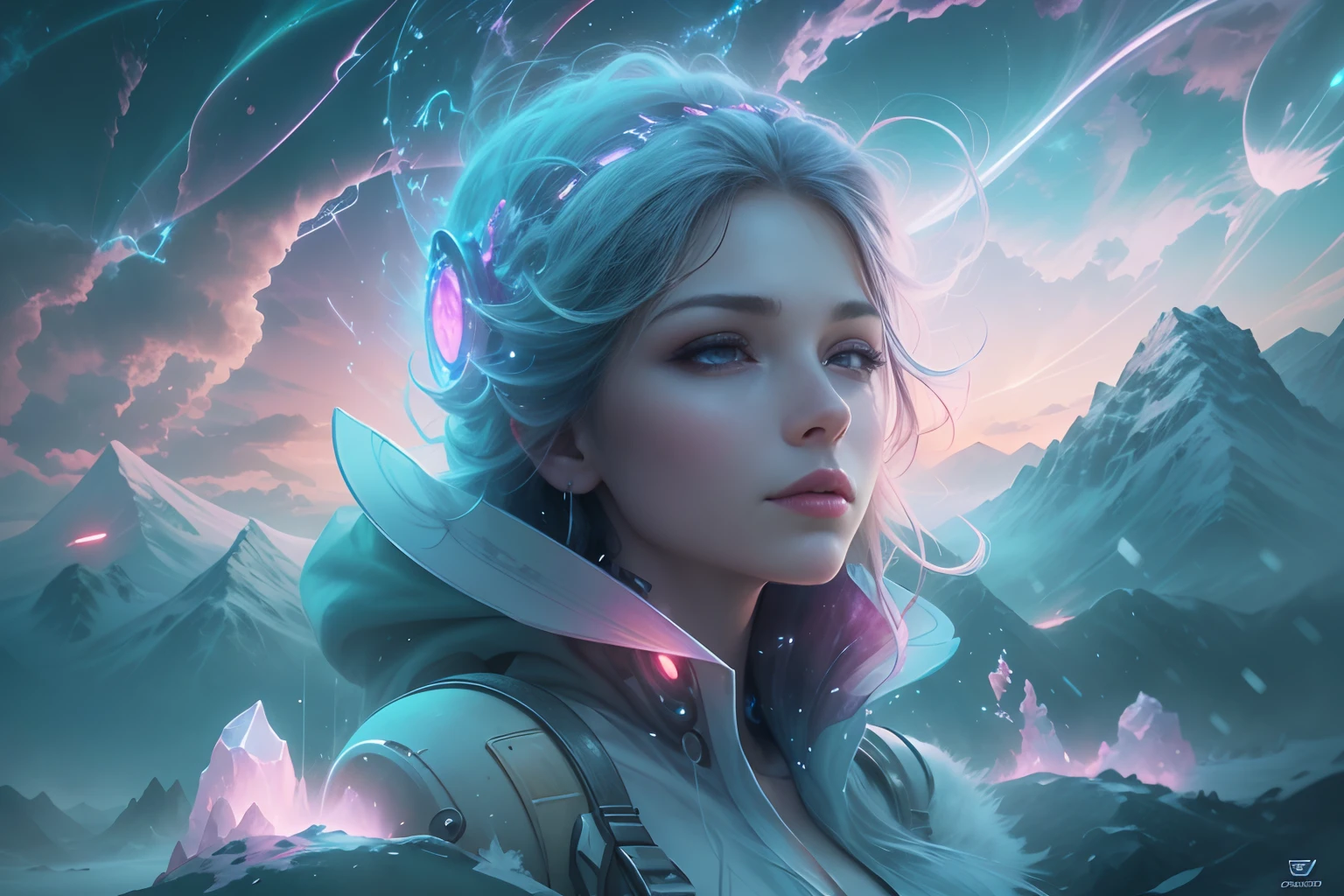 ModelShoot style, (Extremely detailed Cg Unity 8K wallpaper),cyber punk perssonage [Snowy mountain landscape with fog，snow mountains] ，Immerse yourself in the beautiful aurora，Live in the clouds of the starry sky，Behind the clouds，（multiple exposure：1.8），(Transparent ethereal girl face blends with aurora，Overlay with snowy mountains)，Multiple elements blend the image，photography of：Brandon Woelfelmist，Surreal dreams，Gray atmosphere，raining day，dyna，lut，hdr，Surrealist art fantasy style，Epic digital fantasy art style，Beautiful dream art, Science-fi digital art illustration,Fantastic digital painting, futuristic digital painting, Fantastic concept art, In front of the sci-fi snowy mountain landscape, science fiction digital art, Fantastic transparent ethereal girl stylized abstract portrait close-up