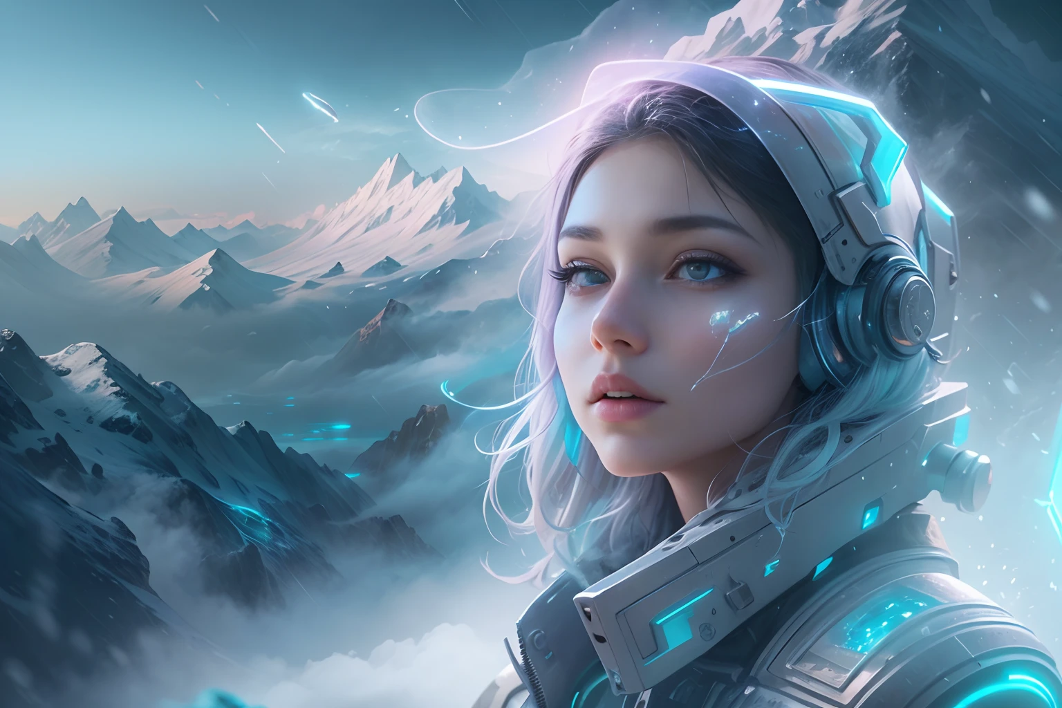 ModelShoot style, (Extremely detailed Cg Unity 8K wallpaper),cyber punk perssonage [Snowy mountain landscape with fog，snow mountains] ，Immerse yourself in the beautiful aurora，Live in the clouds of the starry sky，Behind the clouds，（multiple exposure：1.8），(Transparent ethereal girl face blends with aurora，Overlay with snowy mountains)，Multiple elements blend the image，photography of：Brandon Woelfelmist，Surreal dreams，Gray atmosphere，raining day，dyna，lut，hdr，Surrealist art fantasy style，Epic digital fantasy art style，Beautiful dream art, Science-fi digital art illustration,Fantastic digital painting, futuristic digital painting, Fantastic concept art, In front of the sci-fi snowy mountain landscape, science fiction digital art, Fantastic transparent ethereal girl stylized abstract portrait close-up