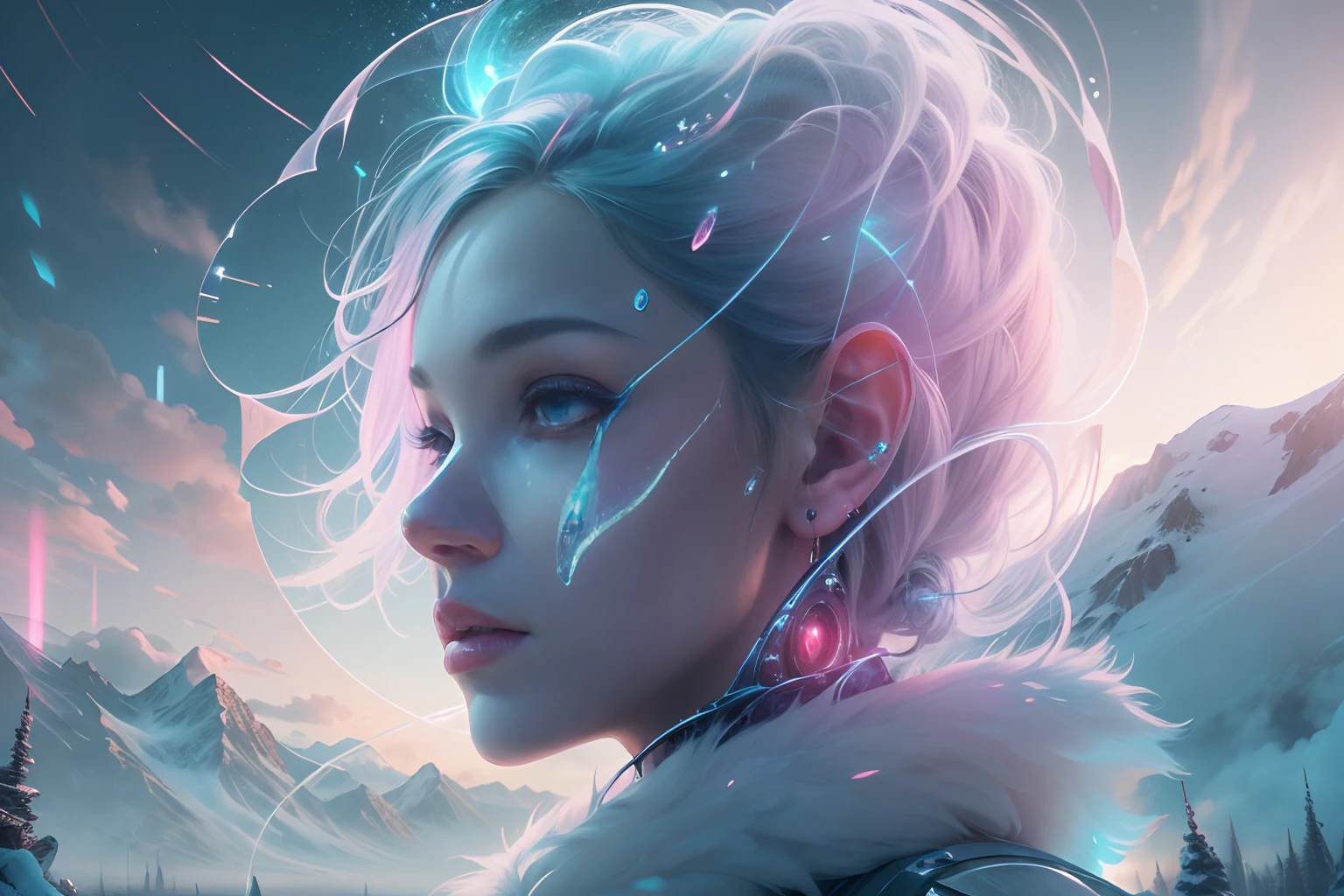ModelShoot style, (Extremely detailed Cg Unity 8K wallpaper),cyber punk perssonage [Snowy mountain landscape with fog，snow mountains] ，Immerse yourself in the beautiful aurora，Live in the clouds of the starry sky，Behind the clouds，（multiple exposure：1.8），(Transparent ethereal girl face blends with aurora，Overlay with snowy mountains)，Multiple elements blend the image，photography of：Brandon Woelfelmist，Surreal dreams，Gray atmosphere，raining day，dyna，lut，hdr，Surrealist art fantasy style，Epic digital fantasy art style，Beautiful dream art, Science-fi digital art illustration,Fantastic digital painting, futuristic digital painting, Fantastic concept art, In front of the sci-fi snowy mountain landscape, science fiction digital art, Fantastic transparent ethereal girl stylized abstract portrait close-up