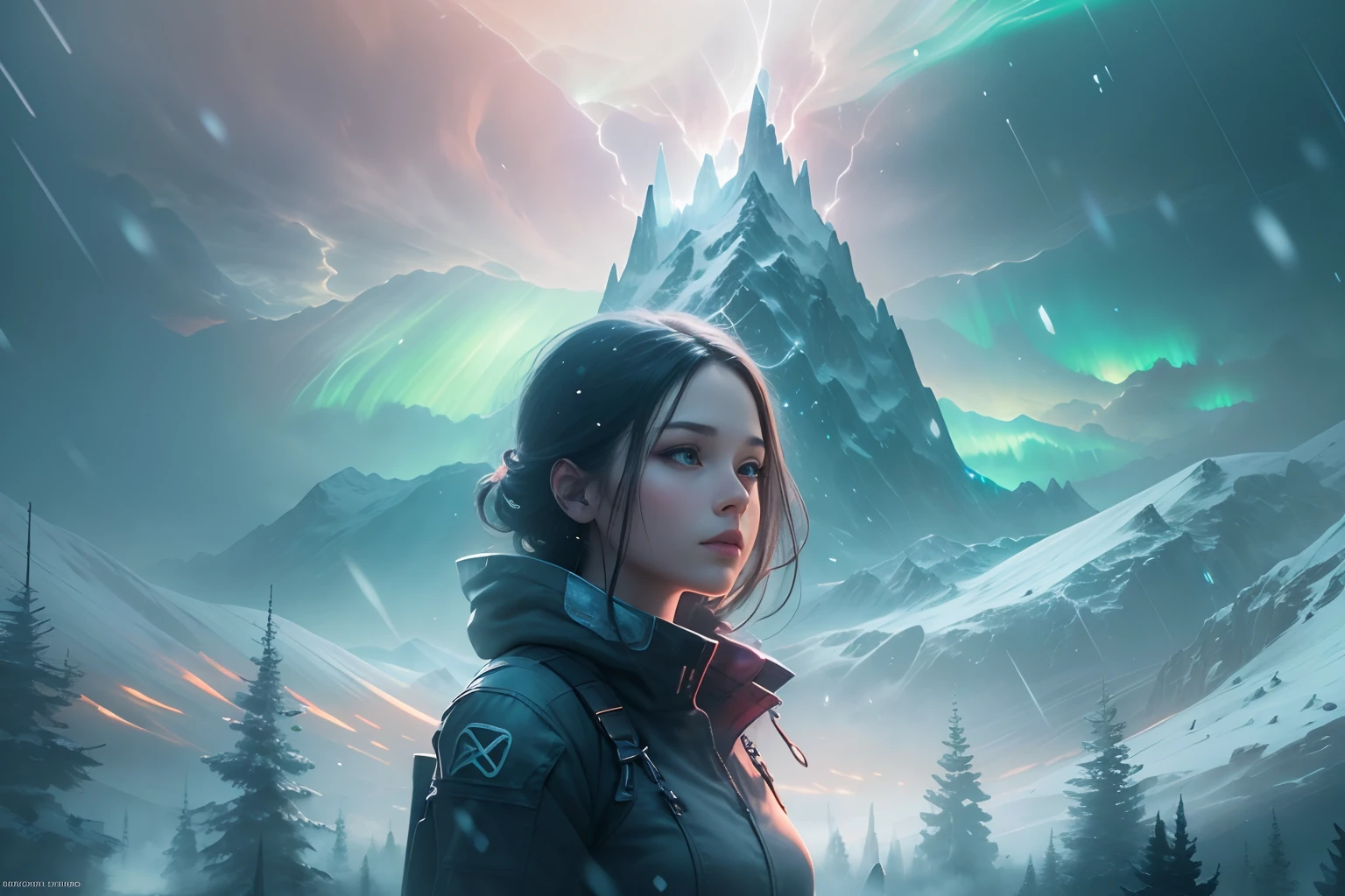 ModelShoot style, (Extremely detailed Cg Unity 8K wallpaper),cyber punk perssonage [Snowy mountain landscape with fog，snow mountains] ，Immerse yourself in the beautiful aurora，Live in the clouds of the starry sky，Behind the clouds，（multiple exposure：1.8），(Transparent ethereal girl face blends with aurora，Overlay with snowy mountains)，Multiple elements blend the image，photography of：Brandon Woelfelmist，Surreal dreams，Gray atmosphere，raining day，dyna，lut，hdr，Surrealist art fantasy style，Epic digital fantasy art style，Beautiful dream art, Science-fi digital art illustration,Fantastic digital painting, futuristic digital painting, Fantastic concept art, In front of the sci-fi snowy mountain landscape, science fiction digital art, Fantastic transparent ethereal girl stylized abstract portrait close-up