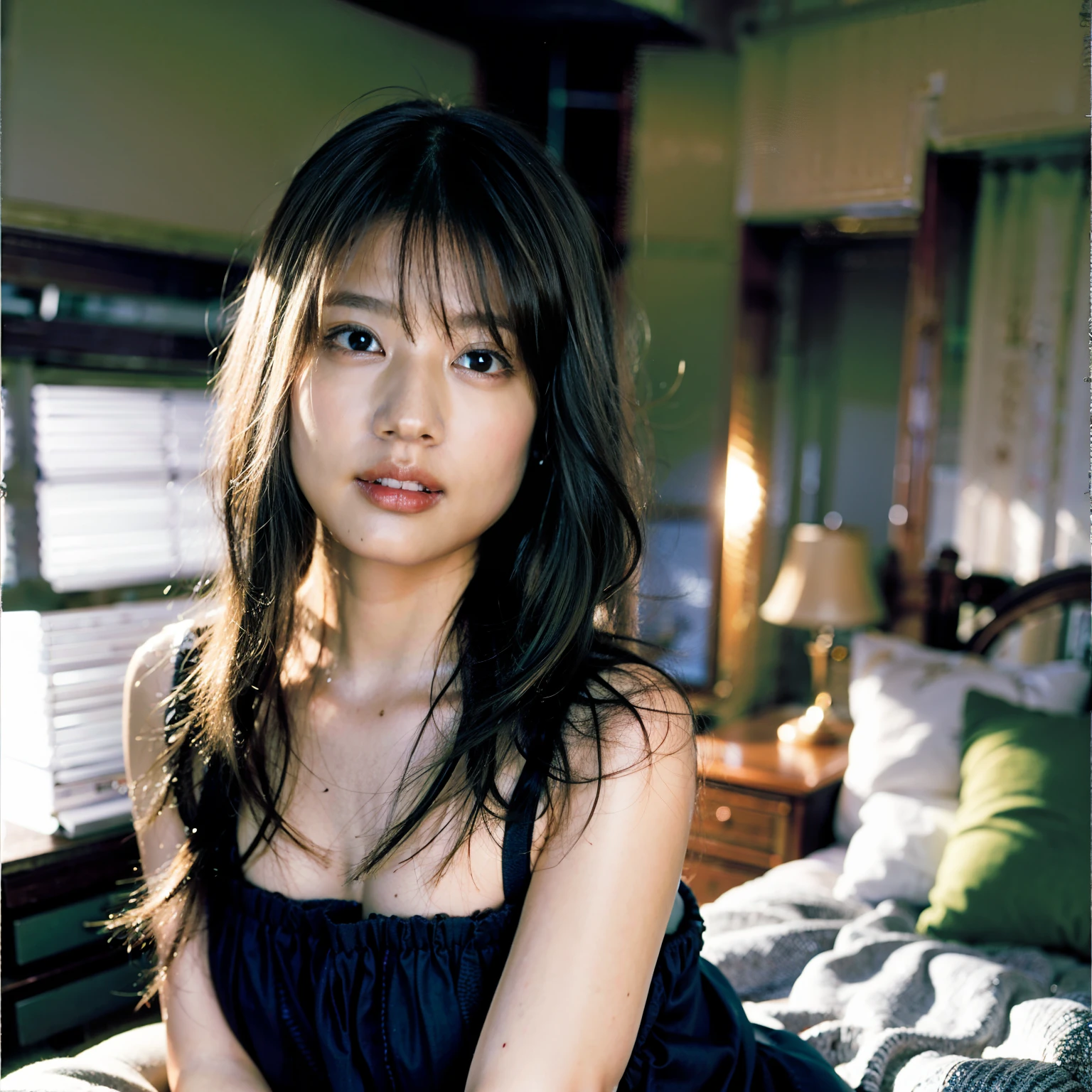 (8K、Raw photography、fully body photo、top-quality、masterpiece:1.2)、(realisitic、Photorealsitic:1.37)、spread legs,show white panties,poneyTail、Leather Tank Top、beautiful thigh、Beautiful navel、Beautiful Kasumi Arimura、Beautiful、a miniskirt、Full body posture、Spread legs、Show panties,Panchira、ultra-detailliert、超A high resolution、1人、see the beholder、beautifull detailed face、A smile、Constriction、(Slim waist) :1.3)、The shirt、Beautiful detailed skin、Skin Texture、floated hair、profetional lighting、