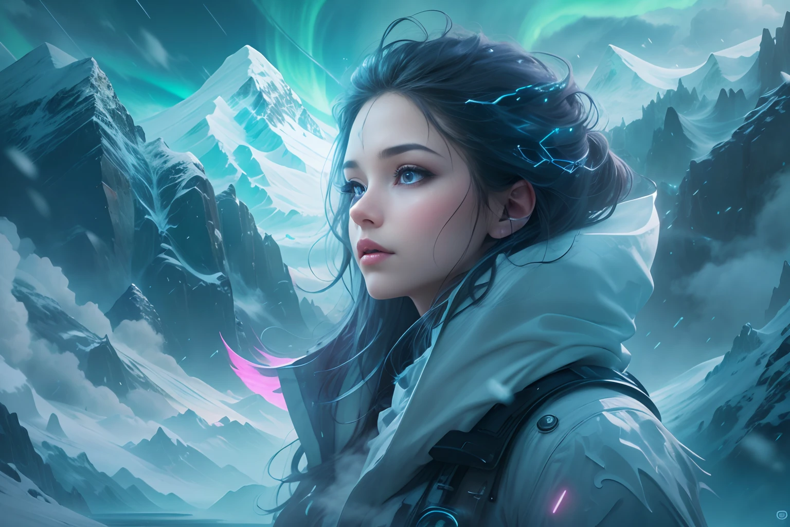 ModelShoot style, (Extremely detailed Cg Unity 8K wallpaper),cyber punk perssonage [Snowy mountain landscape with fog，snow mountains] ，Immerse yourself in the beautiful aurora，Live in the clouds of the starry sky，Behind the clouds，（multiple exposure：1.8），(Transparent ethereal girl face blends with aurora，Overlay with snowy mountains)，Multiple elements blend the image，photography of：Brandon Woelfelmist，Surreal dreams，Gray atmosphere，raining day，dyna，lut，hdr，Surrealist art fantasy style，Epic digital fantasy art style，Beautiful dream art, Science-fi digital art illustration,Fantastic digital painting, futuristic digital painting, Fantastic concept art, In front of the sci-fi snowy mountain landscape, science fiction digital art, Fantastic transparent ethereal girl stylized abstract portrait close-up