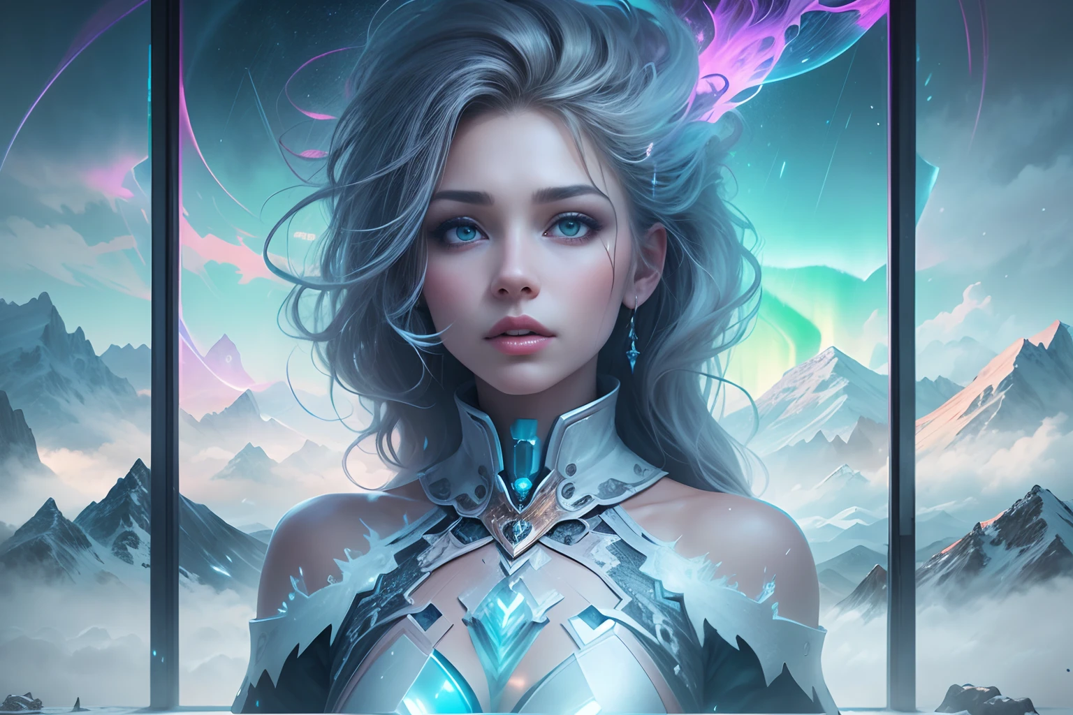 ModelShoot style, (Extremely detailed Cg Unity 8K wallpaper),cyber punk perssonage [Snowy mountain landscape with fog，snow mountains] ，Immerse yourself in the beautiful aurora，Live in the clouds of the starry sky，Behind the clouds，（multiple exposure：1.8），(Transparent ethereal girl face blends with aurora，Overlay with snowy mountains)，Multiple elements blend the image，photography of：Brandon Woelfelmist，Surreal dreams，Gray atmosphere，raining day，dyna，lut，hdr，Surrealist art fantasy style，Epic digital fantasy art style，Beautiful dream art, Science-fi digital art illustration,Fantastic digital painting, futuristic digital painting, Fantastic concept art, In front of the sci-fi snowy mountain landscape, science fiction digital art, Fantastic transparent ethereal girl stylized abstract portrait close-up