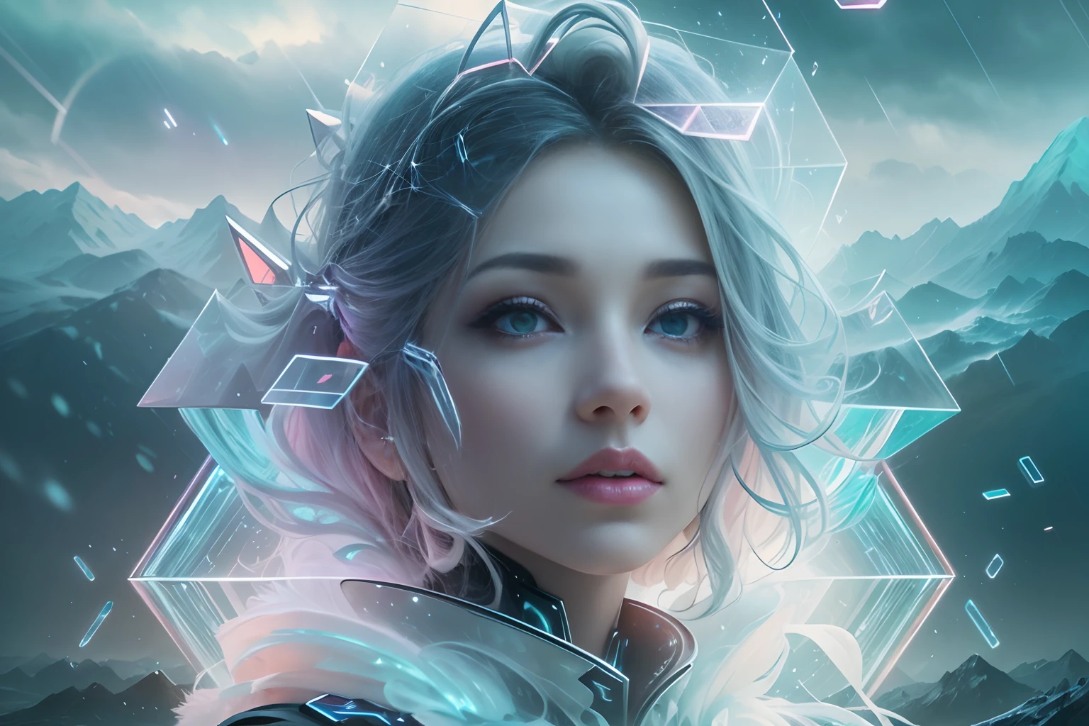 ModelShoot style, (Extremely detailed Cg Unity 8K wallpaper),cyber punk perssonage [Snowy mountain landscape with fog，snow mountains] ，Immerse yourself in the beautiful aurora，Live in the clouds of the starry sky，Behind the clouds，（multiple exposure：1.8），(Transparent ethereal girl face blends with aurora，Overlay with snowy mountains)，Multiple elements blend the image，photography of：Brandon Woelfelmist，Surreal dreams，Gray atmosphere，raining day，dyna，lut，hdr，Surrealist art fantasy style，Epic digital fantasy art style，Beautiful dream art, Science-fi digital art illustration,Fantastic digital painting, futuristic digital painting, Fantastic concept art, In front of the sci-fi snowy mountain landscape, science fiction digital art, Fantastic transparent ethereal girl stylized abstract portrait close-up