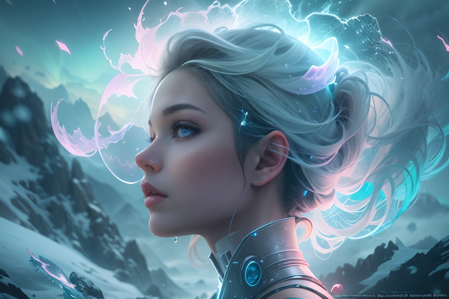 ModelShoot style, (Extremely detailed Cg Unity 8K wallpaper),cyber punk perssonage [Snowy mountain landscape with fog，snow mountains] ，Immerse yourself in the beautiful aurora，Live in the clouds of the starry sky，Behind the clouds，（multiple exposure：1.8），(Transparent ethereal girl face blends with aurora，Overlay with snowy mountains)，Multiple elements blend the image，photography of：Brandon Woelfelmist，Surreal dreams，Gray atmosphere，raining day，dyna，lut，hdr，Surrealist art fantasy style，Epic digital fantasy art style，Beautiful dream art, Science-fi digital art illustration,Fantastic digital painting, futuristic digital painting, Fantastic concept art, In front of the sci-fi snowy mountain landscape, science fiction digital art, Fantastic transparent ethereal girl stylized abstract portrait close-up