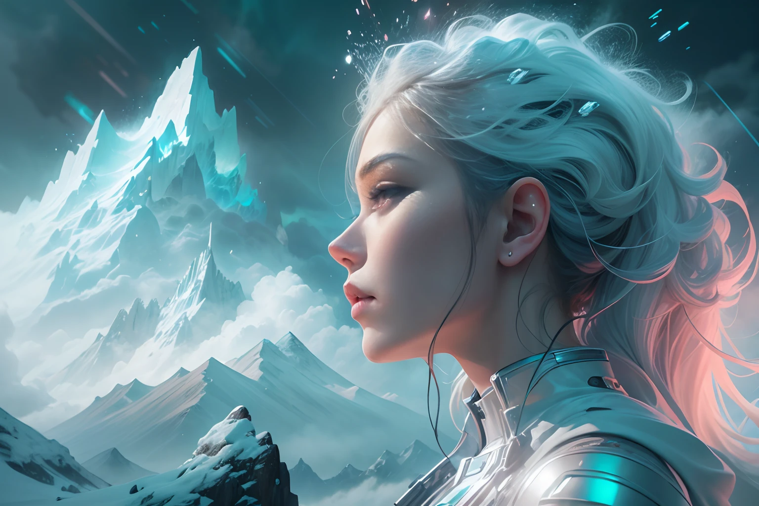ModelShoot style, (Extremely detailed Cg Unity 8K wallpaper),cyber punk perssonage [Snowy mountain landscape with fog，snow mountains] ，Immerse yourself in the beautiful aurora，Live in the clouds of the starry sky，Behind the clouds，（multiple exposure：1.8），(Transparent ethereal girl face blends with aurora，Overlay with snowy mountains)，Multiple elements blend the image，photography of：Brandon Woelfelmist，Surreal dreams，Gray atmosphere，raining day，dyna，lut，hdr，Surrealist art fantasy style，Epic digital fantasy art style，Beautiful dream art, Science-fi digital art illustration,Fantastic digital painting, futuristic digital painting, Fantastic concept art, In front of the sci-fi snowy mountain landscape, science fiction digital art, Fantastic transparent ethereal girl stylized abstract portrait close-up