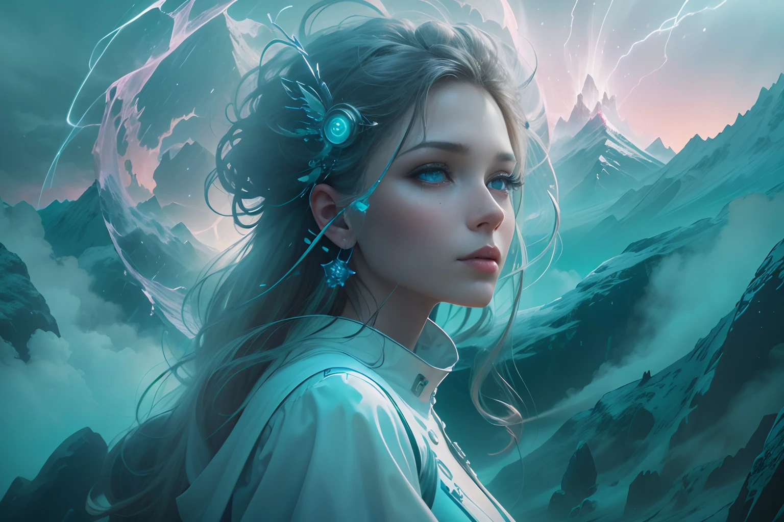 ModelShoot style, (Extremely detailed Cg Unity 8K wallpaper),cyber punk perssonage [Snowy mountain landscape with fog，snow mountains] ，Immerse yourself in the beautiful aurora，Live in the clouds of the starry sky，Behind the clouds，（multiple exposure：1.8），(Transparent ethereal girl face blends with aurora，Overlay with snowy mountains)，Multiple elements blend the image，photography of：Brandon Woelfelmist，Surreal dreams，Gray atmosphere，raining day，dyna，lut，hdr，Surrealist art fantasy style，Epic digital fantasy art style，Beautiful dream art, Science-fi digital art illustration,Fantastic digital painting, futuristic digital painting, Fantastic concept art, In front of the sci-fi snowy mountain landscape, science fiction digital art, Fantastic transparent ethereal girl stylized abstract portrait close-up