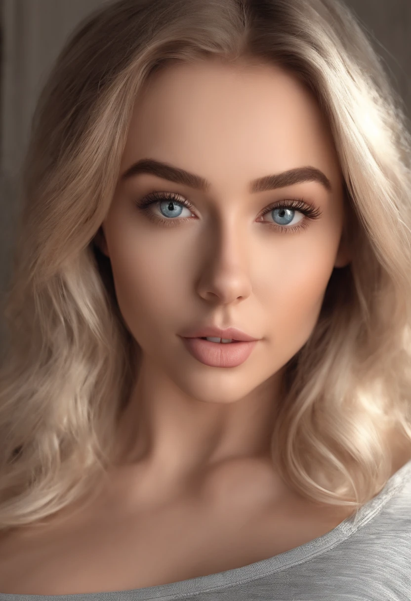 arafed woman fully , sexy girl with blue eyes, ultra realistic, meticulously detailed, portrait sophie mudd, blonde hair and large eyes, selfie of a young woman, bedroom eyes, violet myers, without makeup, natural makeup, looking directly at the camera, face with artgram, subtle makeup, stunning full body shot standing next to gym equipment, at the gym, medium to large size bust, sports bra and leggings
