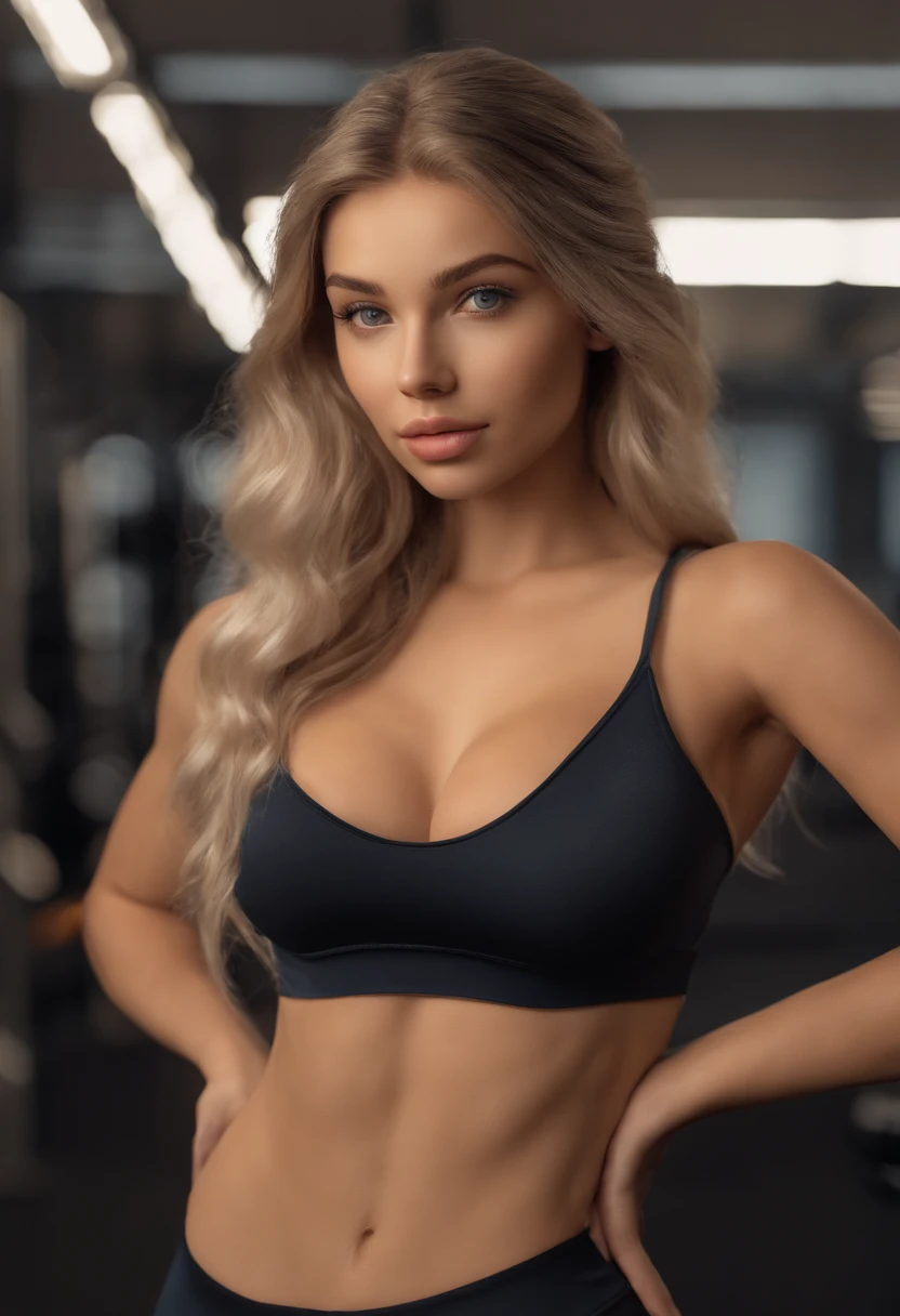 arafed woman fully , sexy girl with blue eyes, ultra realistic, meticulously detailed, portrait sophie mudd, blonde hair and large eyes, selfie of a young woman, bedroom eyes, violet myers, without makeup, natural makeup, looking directly at the camera, face with artgram, subtle makeup, stunning full body shot standing next to gym equipment, at the gym, medium to large size bust, sports bra and leggings