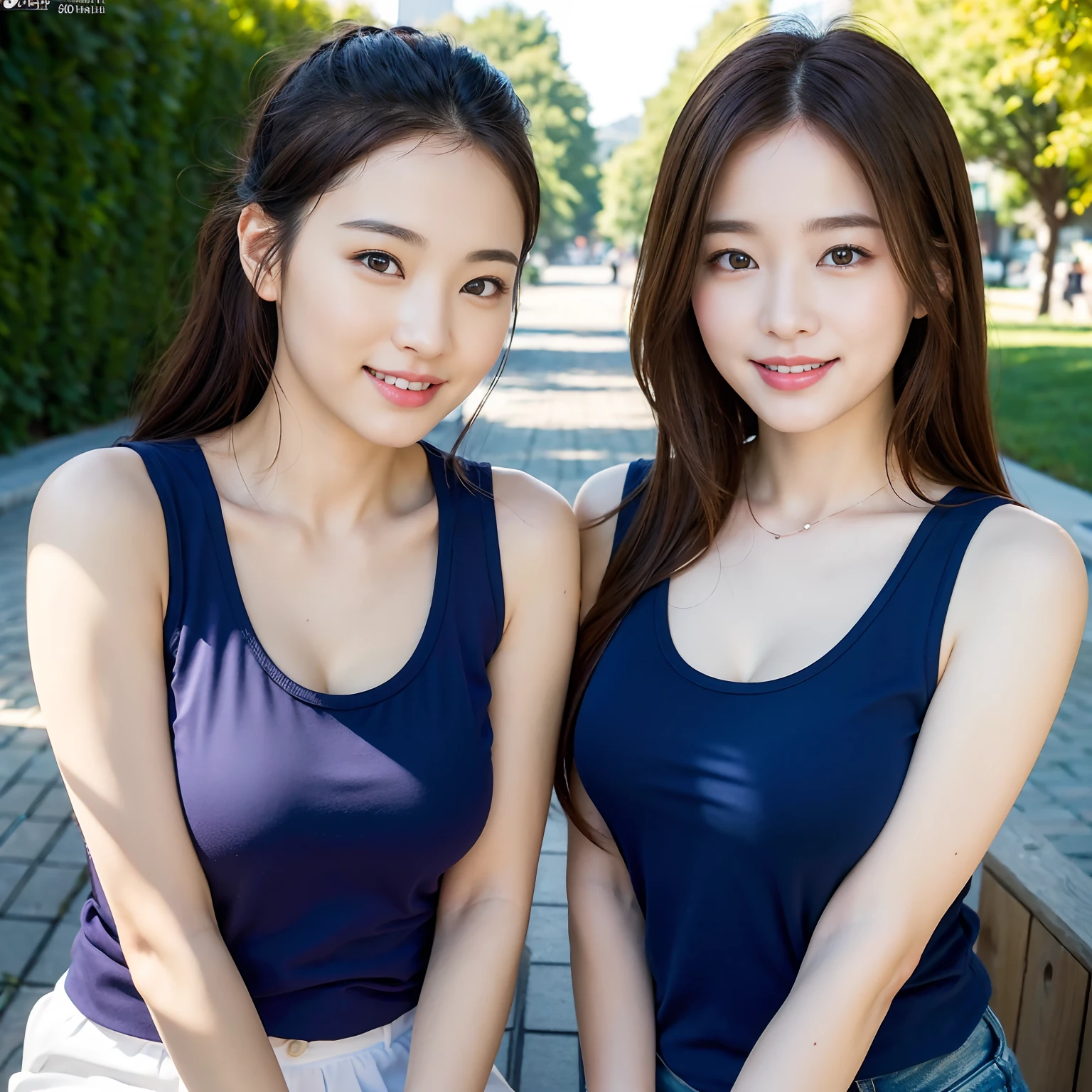 ultra-detailed, 1 girl, Asian, athletic body, realistic skin texture, long hair, (breasts:0.9), smile, gaze at viewer, cropped T-shirt, skinny T-shirt, tight tank top, hot pants shorts, movie lighting, face focus, fine eyes, detailed face, well lit face, sunny day, outdoor cafe in background
