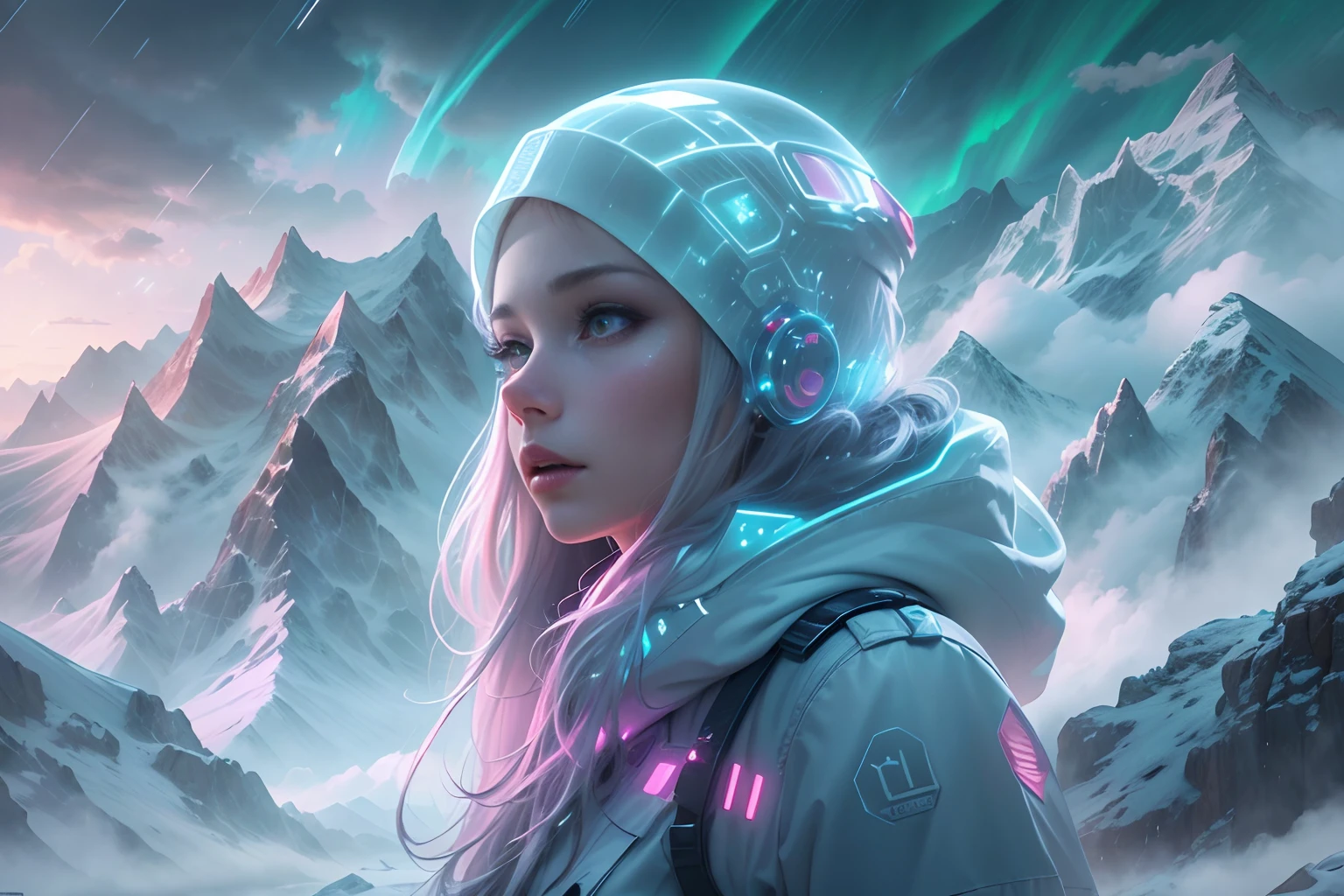 ModelShoot style, (Extremely detailed Cg Unity 8K wallpaper),cyber punk perssonage [Snowy mountain landscape with fog，snow mountains] ，Immerse yourself in the beautiful aurora，Live in the clouds of the starry sky，Behind the clouds，（multiple exposure：1.8），(Transparent ethereal girl face blends with aurora，Overlay with snowy mountains)，Multiple elements blend the image，photography of：Brandon Woelfelmist，Surreal dreams，Gray atmosphere，raining day，dyna，lut，hdr，Surrealist art fantasy style，Epic digital fantasy art style，Beautiful dream art, Science-fi digital art illustration,Fantastic digital painting, futuristic digital painting, Fantastic concept art, In front of the sci-fi snowy mountain landscape, science fiction digital art, Fantastic transparent ethereal girl stylized abstract portrait close-up