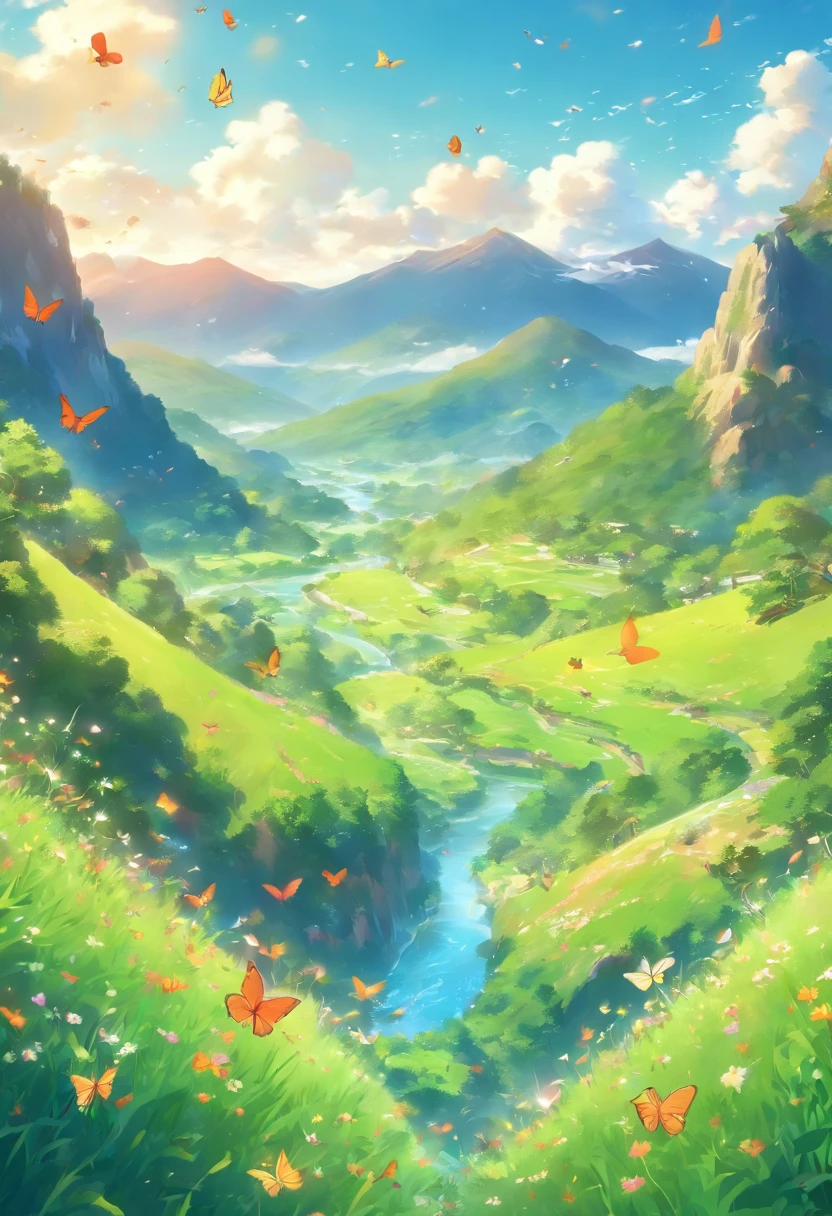 distant landscape, green mountains, clear blue sky, flocks of birds flying in the sky, butterflies around, small rivers around, grass, flowers on the ground, cartoon style, warm colors