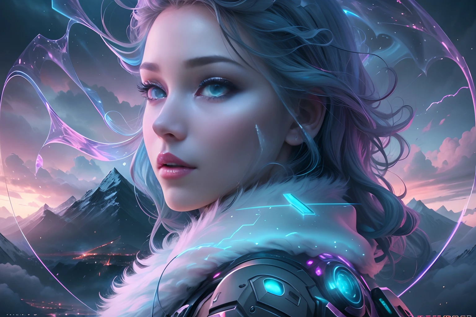 ModelShoot style, (Extremely detailed Cg Unity 8K wallpaper),cyber punk perssonage [Snowy mountain landscape with fog，snow mountains] ，Immerse yourself in the beautiful aurora，Live in the clouds of the starry sky，Behind the clouds，（multiple exposure：1.8），(Transparent ethereal girl face blends with aurora，Overlay with snowy mountains)，Multiple elements blend the image，photography of：Brandon Woelfelmist，Surreal dreams，Gray atmosphere，raining day，dyna，lut，hdr，Surrealist art fantasy style，Epic digital fantasy art style，Beautiful dream art, Science-fi digital art illustration,Fantastic digital painting, futuristic digital painting, Fantastic concept art, In front of the sci-fi snowy mountain landscape, science fiction digital art, Fantastic transparent ethereal girl stylized abstract portrait close-up