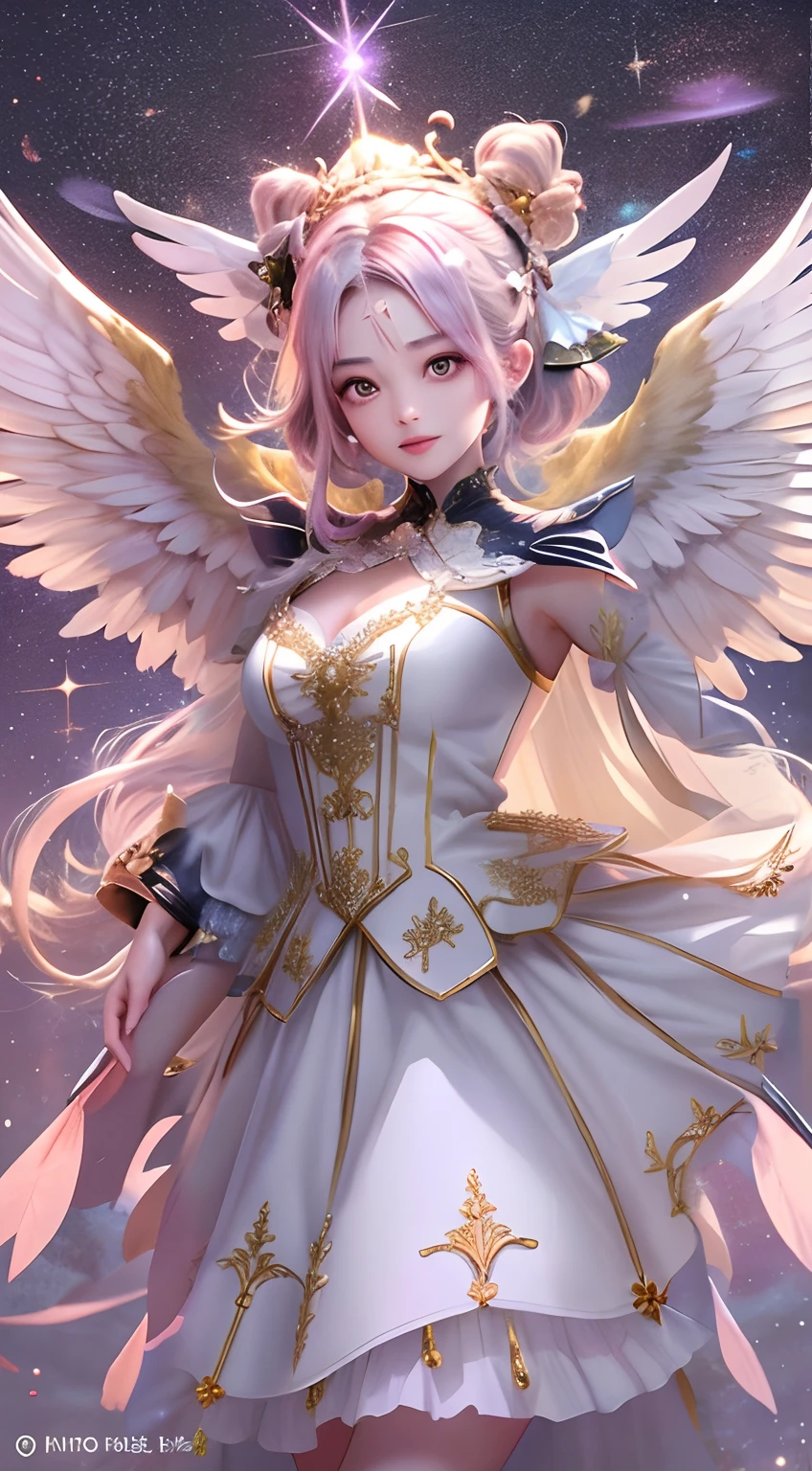 The snow-white gauze dress glowed with golden light,Embellished with pearls。