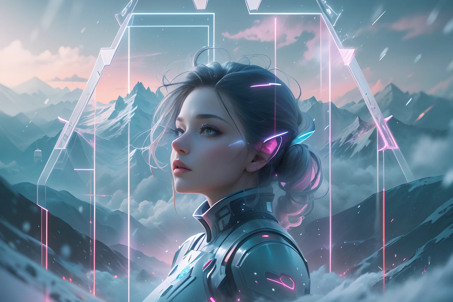 ModelShoot style, (Extremely detailed Cg Unity 8K wallpaper),cyber punk perssonage [Snowy mountain landscape with fog，snow mountains] ，Immerse yourself in the beautiful aurora，Live in the clouds of the starry sky，Behind the clouds，（multiple exposure：1.8），(Transparent ethereal girl face blends with aurora，Overlay with snowy mountains)，Multiple elements blend the image，photography of：Brandon Woelfelmist，Surreal dreams，Gray atmosphere，raining day，dyna，lut，hdr，Surrealist art fantasy style，Epic digital fantasy art style，Beautiful dream art, Science-fi digital art illustration,Fantastic digital painting, futuristic digital painting, Fantastic concept art, In front of the sci-fi snowy mountain landscape, science fiction digital art, Fantastic transparent ethereal girl stylized abstract portrait close-up