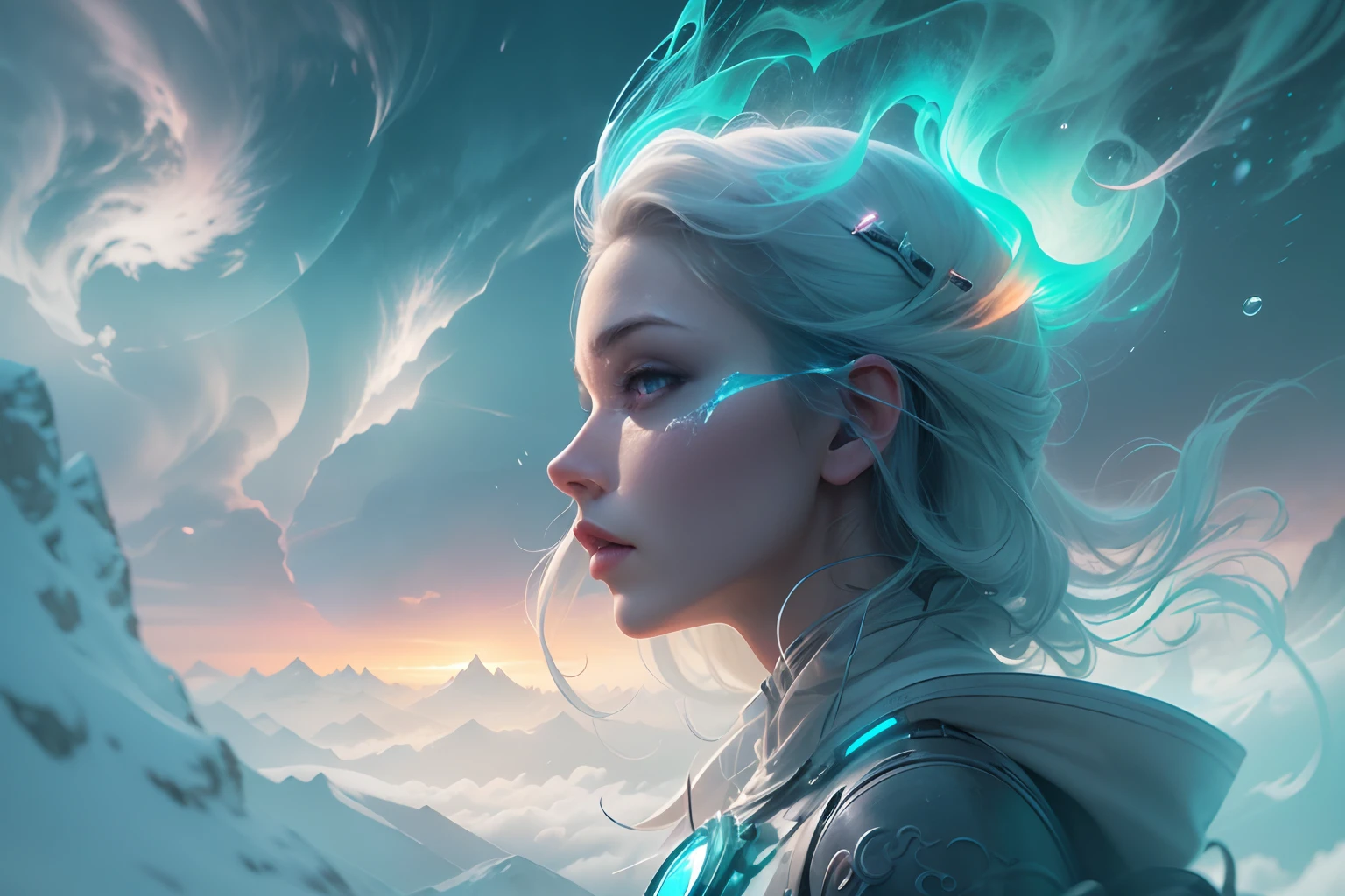 ModelShoot style, (Extremely detailed Cg Unity 8K wallpaper),cyber punk perssonage [Snowy mountain landscape with fog，snow mountains] ，Immerse yourself in the beautiful aurora，Live in the clouds of the starry sky，Behind the clouds，（multiple exposure：1.8），(Transparent ethereal girl face blends with aurora，Overlay with snowy mountains)，Multiple elements blend the image，photography of：Brandon Woelfelmist，Surreal dreams，Gray atmosphere，raining day，dyna，lut，hdr，Surrealist art fantasy style，Epic digital fantasy art style，Beautiful dream art, Science-fi digital art illustration,Fantastic digital painting, futuristic digital painting, Fantastic concept art, In front of the sci-fi snowy mountain landscape, science fiction digital art, Fantastic transparent ethereal girl stylized abstract portrait close-up