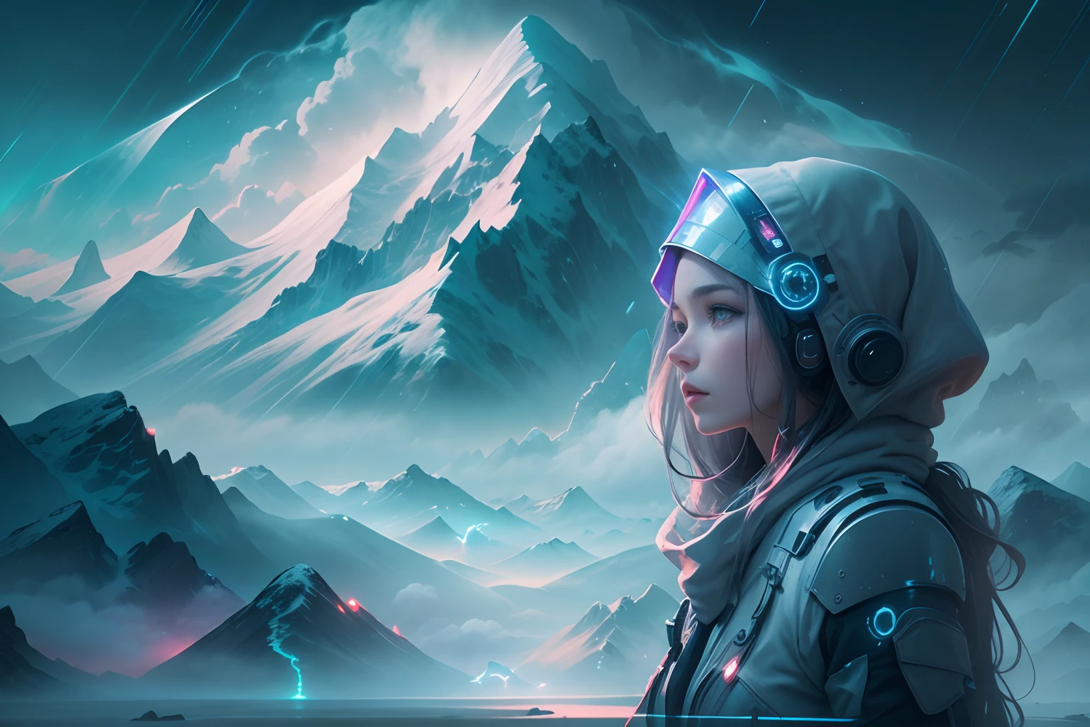 ModelShoot style, (Extremely detailed Cg Unity 8K wallpaper),cyber punk perssonage [Snowy mountain landscape with fog，snow mountains] ，Immerse yourself in the beautiful aurora，Live in the clouds of the starry sky，Behind the clouds，（multiple exposure：1.8），(Transparent ethereal girl face blends with aurora，Overlay with snowy mountains)，Multiple elements blend the image，photography of：Brandon Woelfelmist，Surreal dreams，Gray atmosphere，raining day，dyna，lut，hdr，Surrealist art fantasy style，Epic digital fantasy art style，Beautiful dream art, Science-fi digital art illustration,Fantastic digital painting, futuristic digital painting, Fantastic concept art, In front of the sci-fi snowy mountain landscape, science fiction digital art, Fantastic transparent ethereal girl stylized abstract portrait close-up