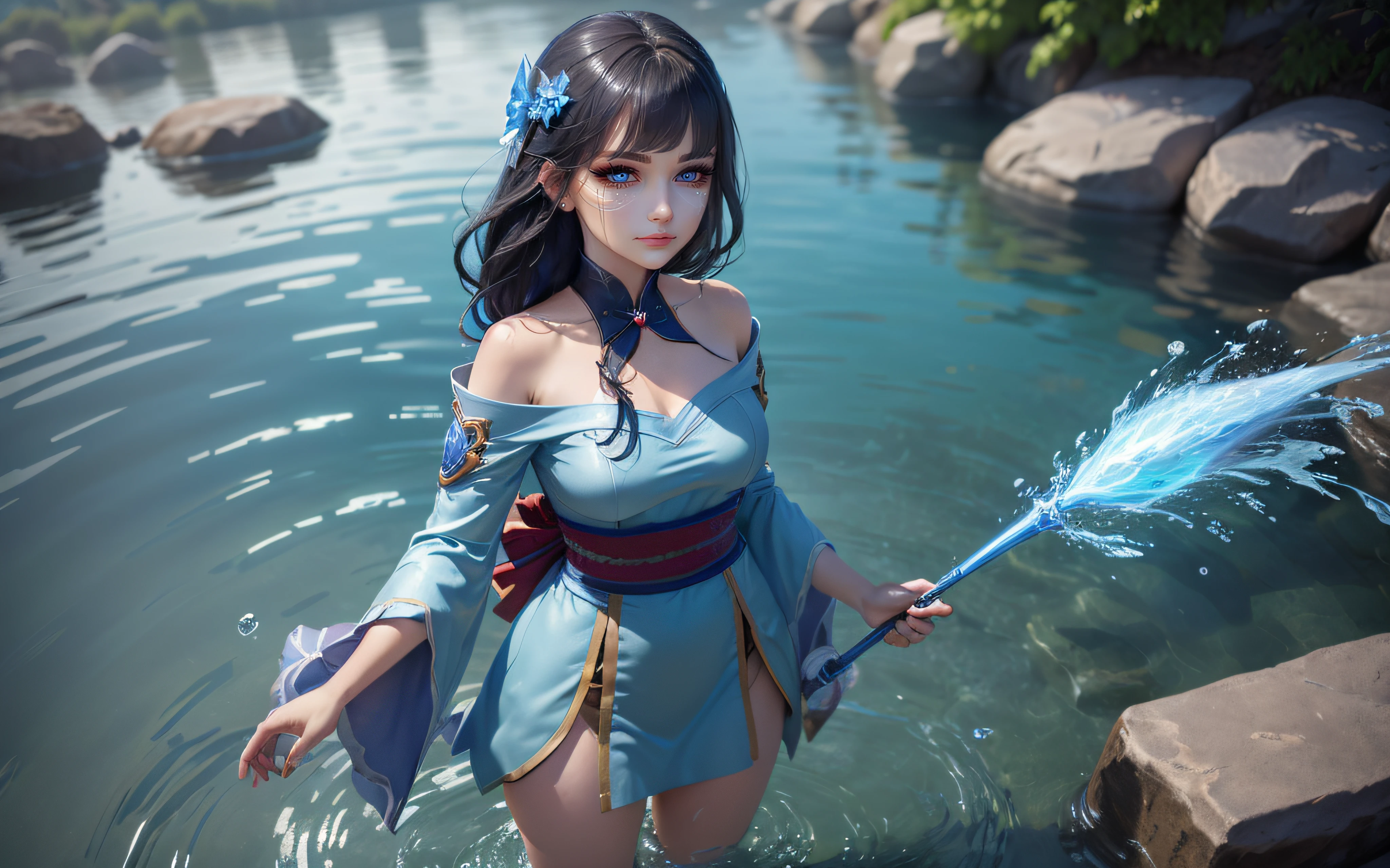 ((4k,masterpiece,best quality)), shuimobysim, traditional chinese ink painting, lotus, hanfu, maxiskit, dress conservatively 1girl, solo, long blue hair, smile, standing, feet in the water, barefoot,