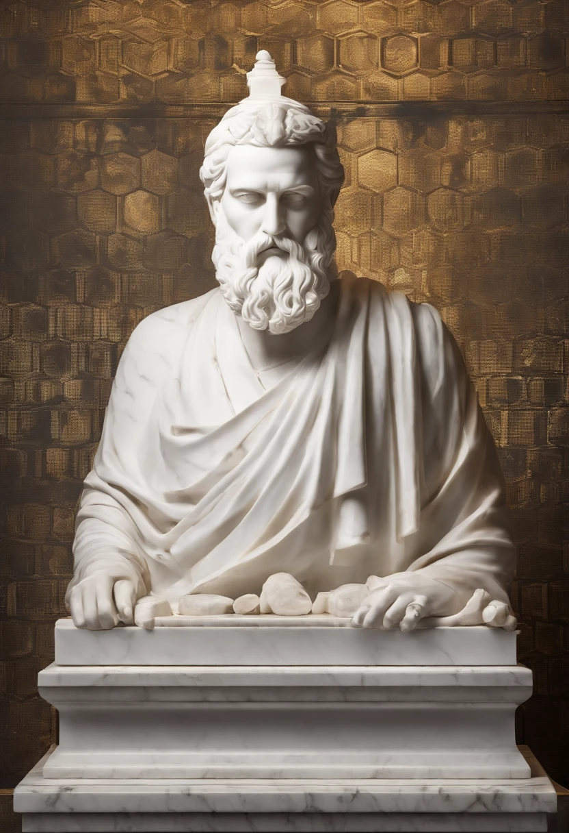 White marble statue of bust of wise man with the style of the bearded Greek philosopher in the museum. Atmosfera escura, alto contraste de luz e sombra, fotografia profissional, utrarealista, Light Volumetric, cinemactic