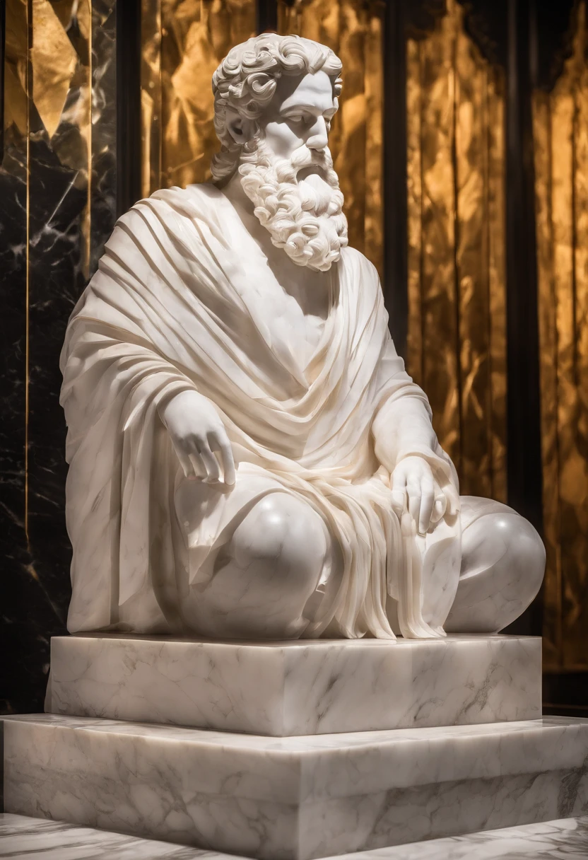 White marble statue of bust of wise man with the style of the bearded Greek philosopher in the museum. Atmosfera escura, alto contraste de luz e sombra, fotografia profissional, utrarealista, Light Volumetric, cinemactic