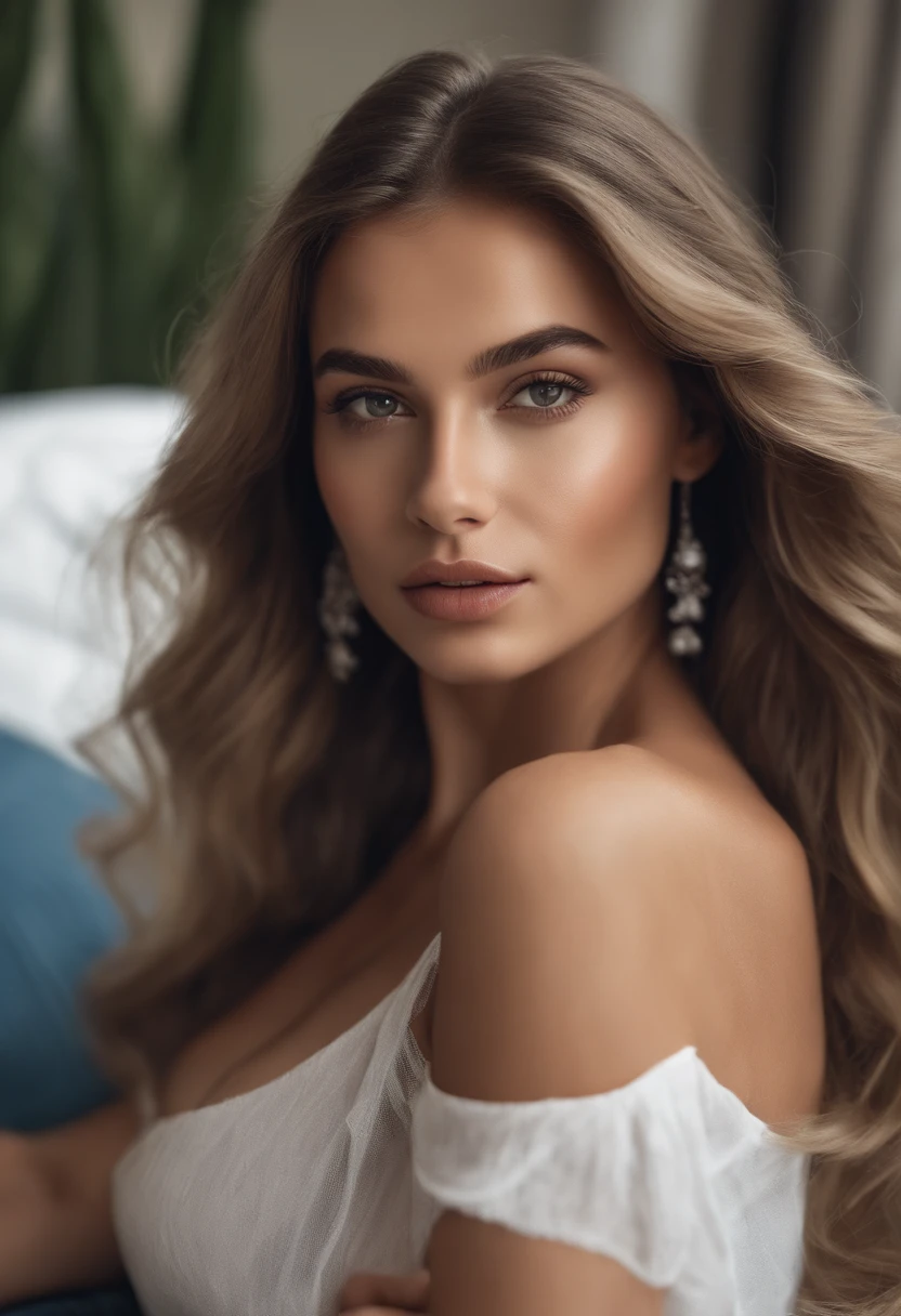 Arafed woman completely ,hispanique, fille sexy aux yeux bleus, ultra realist, Meticulously detailed, Portrait Sophie Mudd, cheveux blonds et grands yeux, selfie of a young woman, Yeux de chambre, Violet Myers, sans maquillage, maquillage naturel, looking straight at camera, Visage avec Artgram, Maquillage subtil, Great photo of the whole body kneeling on the bed, dans la chambre, Medium to large bust, yeux bruns, Souriant, Photo near a Bugatti Chiron