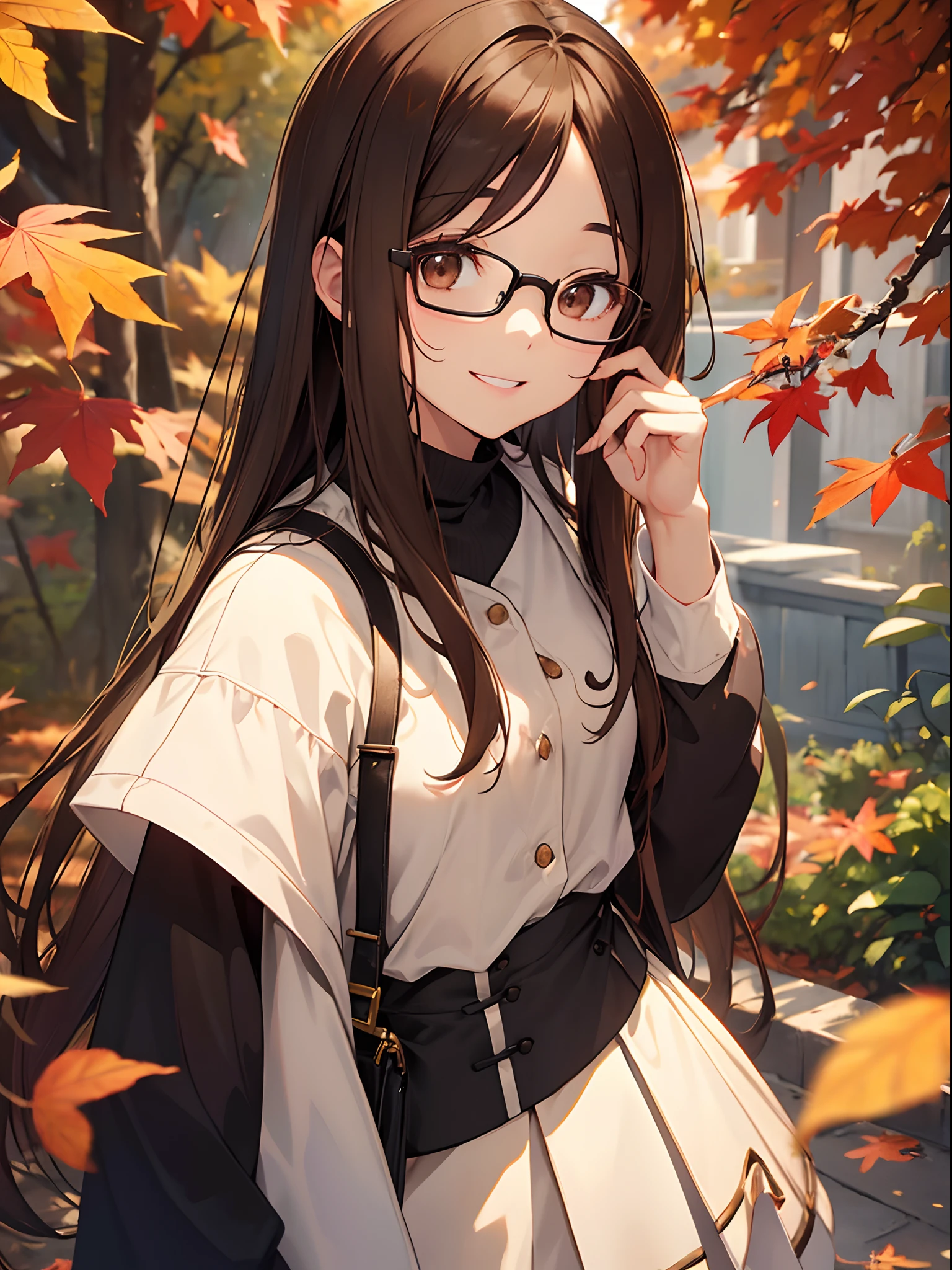 1 female、brown haired(Curta)、Brown eyes、Black-rimmed glasses、Best Quality、ultra-detailliert、8K resolution、Raw photo、masutepiece、gorgeous faces、Perfect body、a smile、Autumn walk
