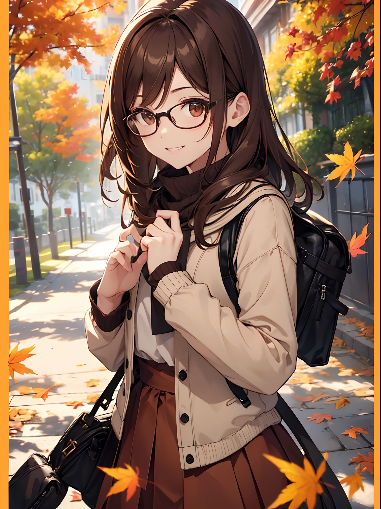 1 female、brown haired(Curta)、Brown eyes、Black-rimmed glasses、Best Quality、ultra-detailliert、8K resolution、Raw photo、masutepiece、gorgeous faces、Perfect body、a smile、Autumn walk